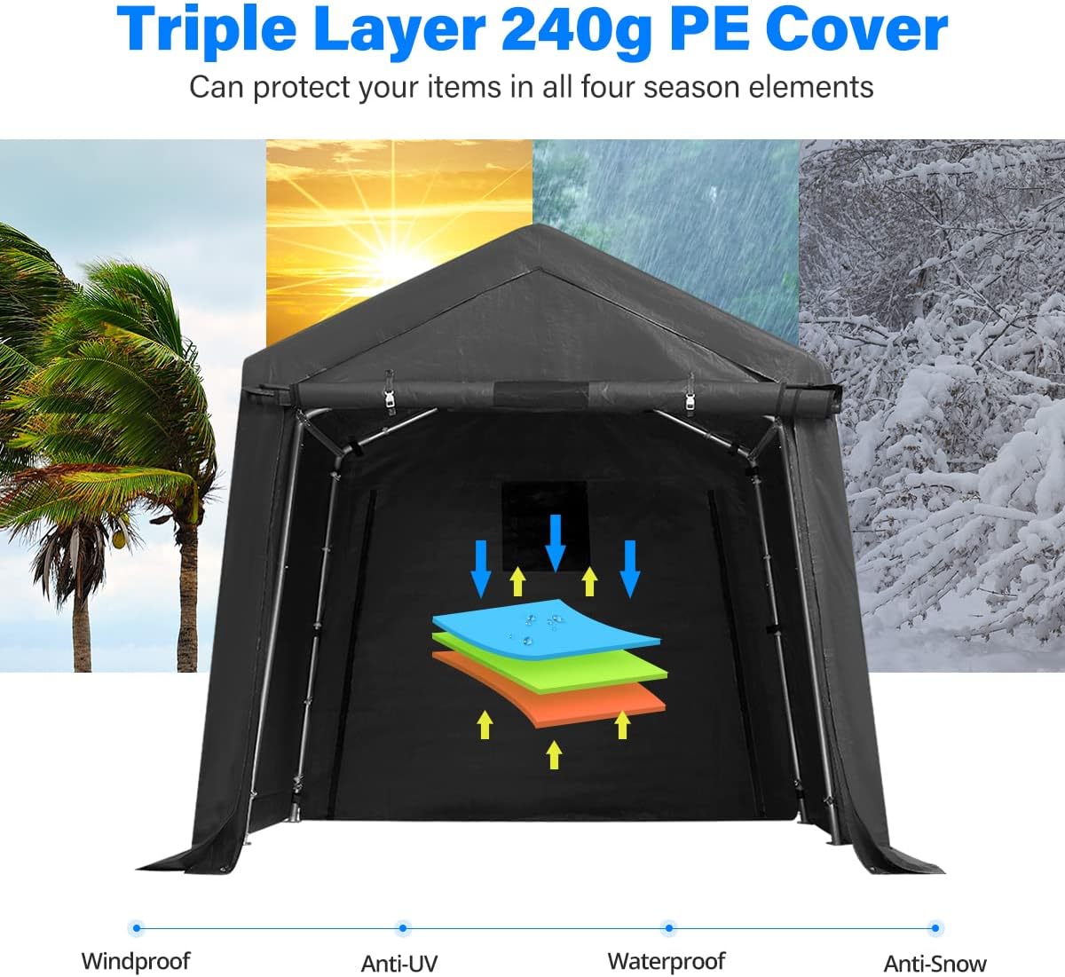 ADVANCE OUTDOOR 8x8 ft Storage Tent with 2 Roll up Doors & Vents Outdoor Portable Shelter Shed Garage Tent Carport for Motorcycle ATV Anti-UV Snow Resistant, Gray