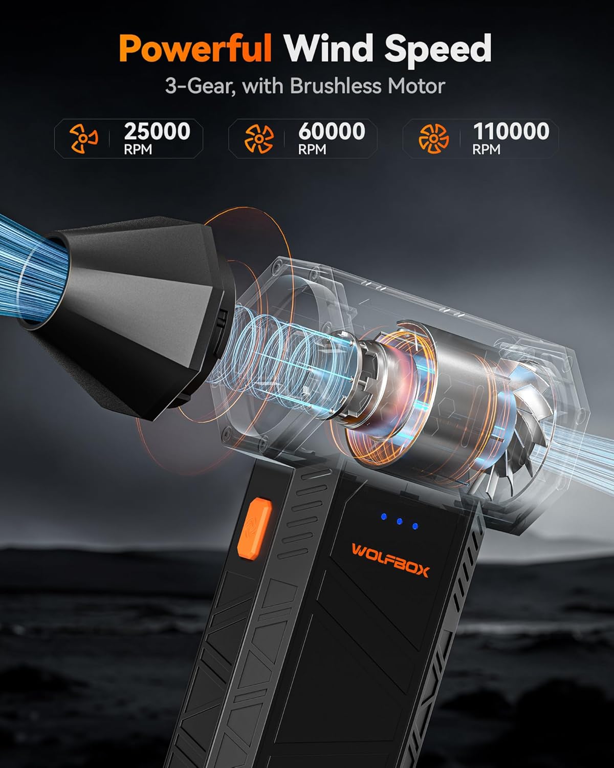 WOLFBOX MF50 Electric Air Duster-110000RPM Super Power Cordless Air Duster, 3-Gear Adjustable Mini Blower with Fast Charging, Dust Blower for Computer, Keyboard, House, Outdoor and Car