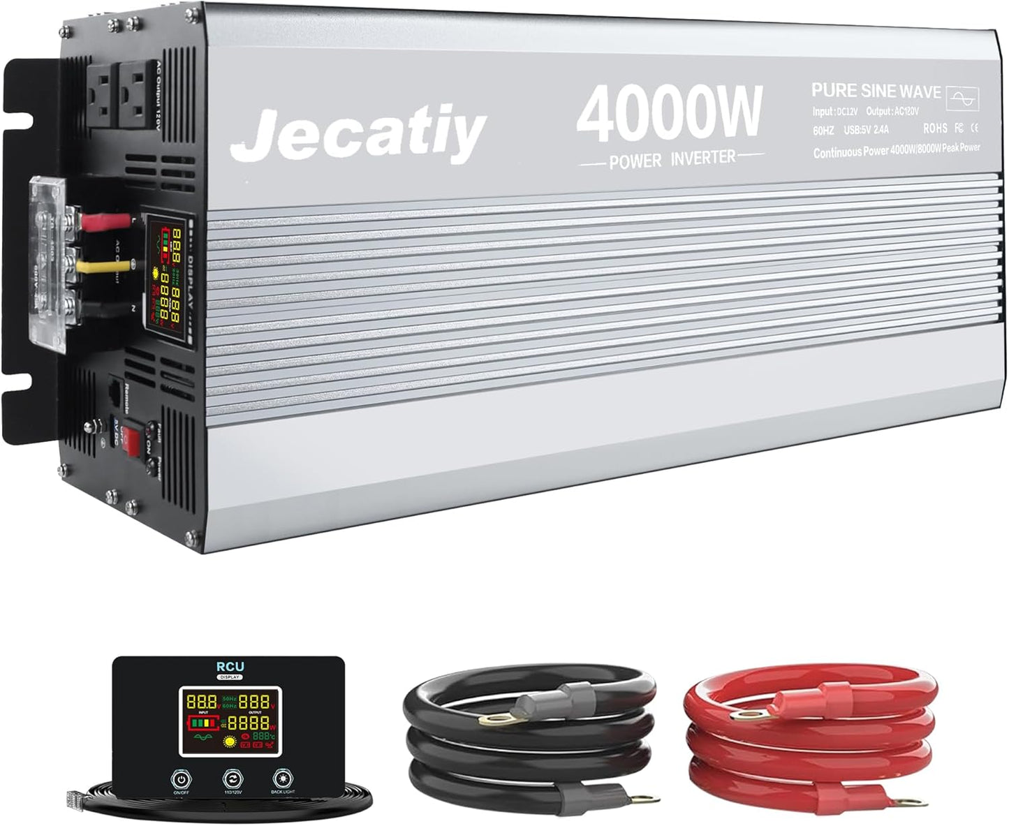 4000 Watt Pure Sine Wave Power Inverter DC 12V to 110V/120V AC Converter with 2 AC,5V 2.4A USB Charging Ports, Car Solar Power Inverters with LCD Display for Home RV Truck