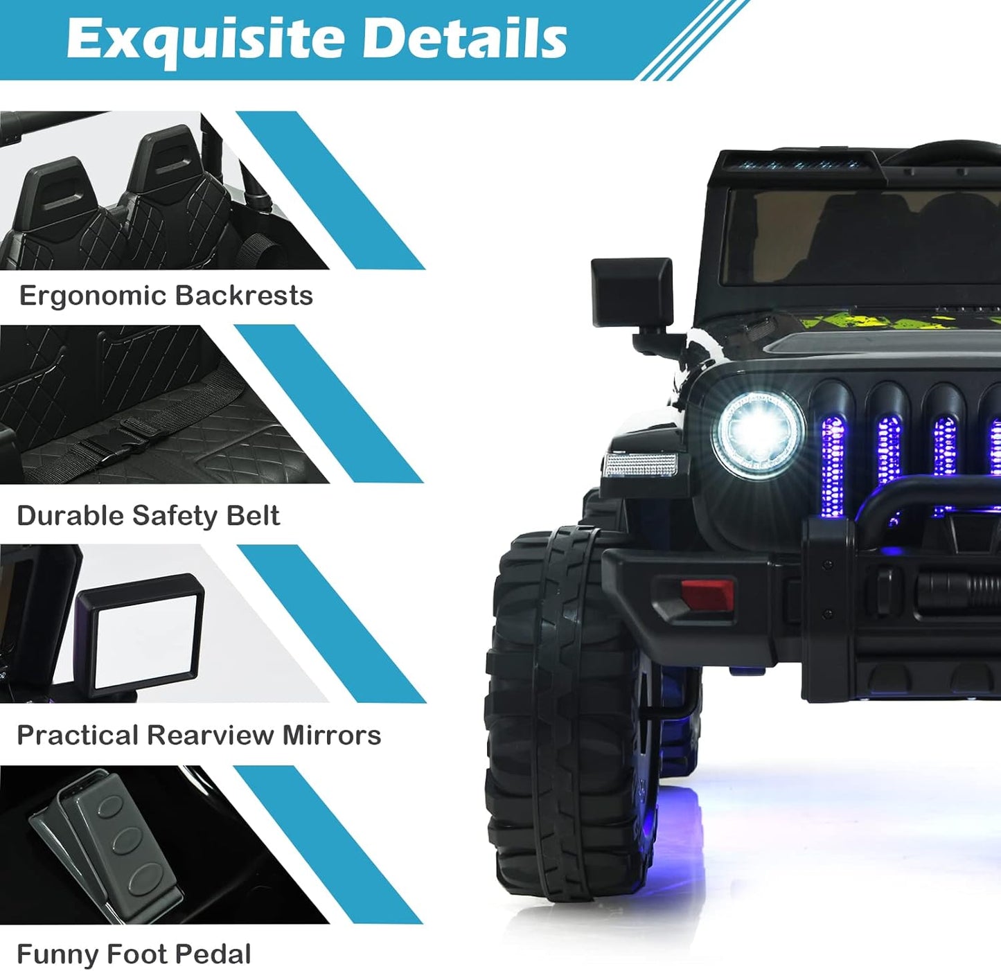 INFANS Kids Ride on Car Truck with 2.4G Remote Control, 12V Battery Powered Electric Cars for Kids w/3 Speeds, Battery Display, LED Lights, Safety Belt, Music & Horn, Bluetooth/FM/USB (Dark Black)