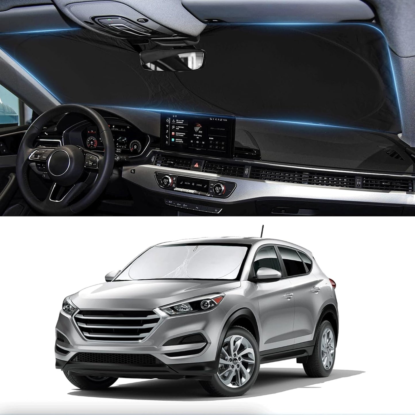 Custom Fit Tucson Windshield Sunshade for Hyundai Tucson 2016 2017 2018 2019 2020 2021 Front Window Shades Cover for Windshield Sun Visor Protector 210T Reflector Blocks UV Rays Cooler Car Accessories