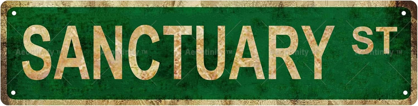 SANCTUARY ST Non-Embossed Vintage Metal Tin Street Sign Bar Cafe Garage Cave Home Room Wall Bathroom Farmhouse Garden Porch Patio Decor, 16 x 4 Inch