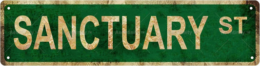 SANCTUARY ST Non-Embossed Vintage Metal Tin Street Sign Bar Cafe Garage Cave Home Room Wall Bathroom Farmhouse Garden Porch Patio Decor, 16 x 4 Inch
