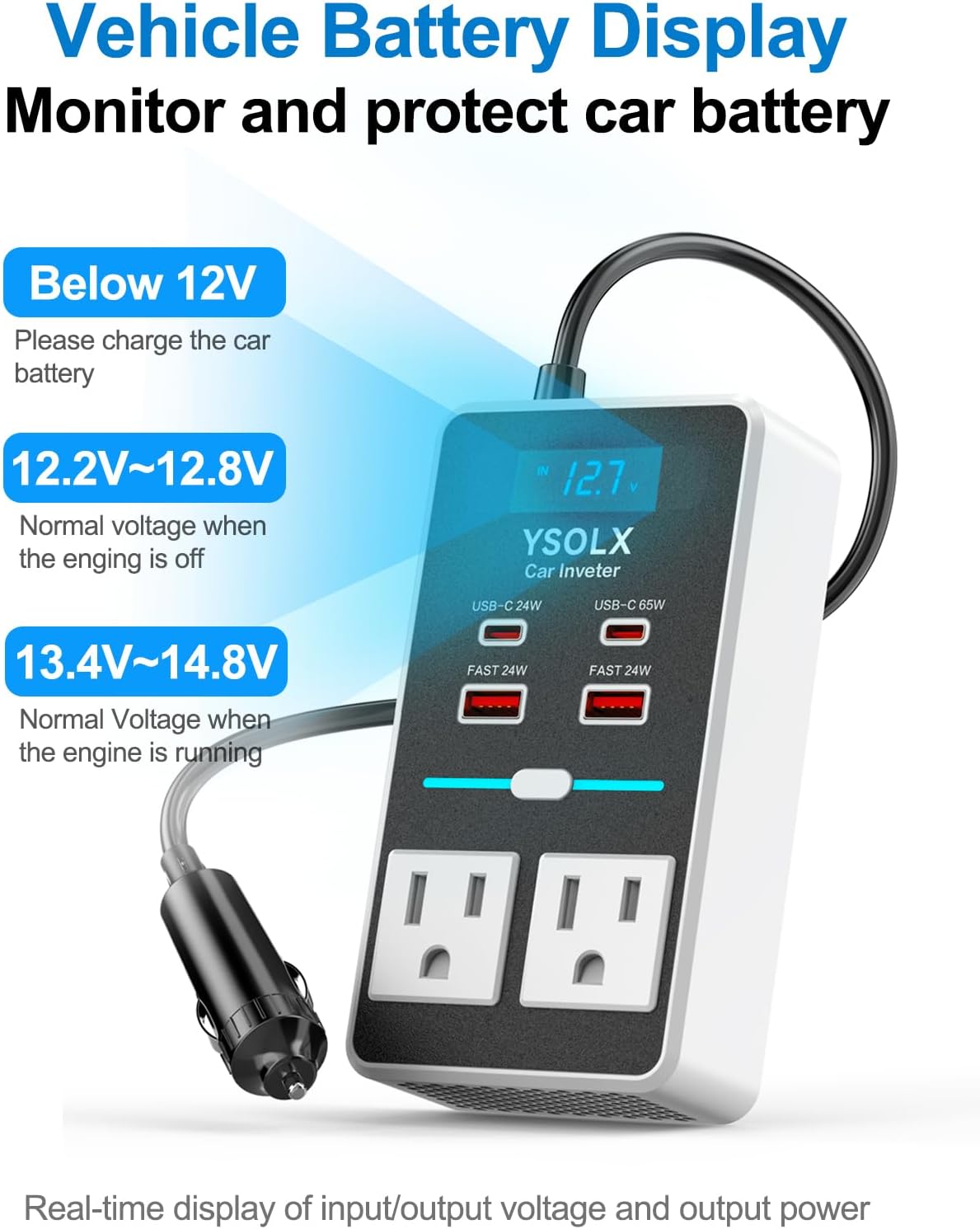 YSOLX 300W 12V to 110V Car Power Inverter, with Dual USB-A 24W and USB-C 65W, Dual AC Car Plug Adapter Outlet and Equipped with a Display Screen.Suitable for car Trips, Camping,Charging laptops