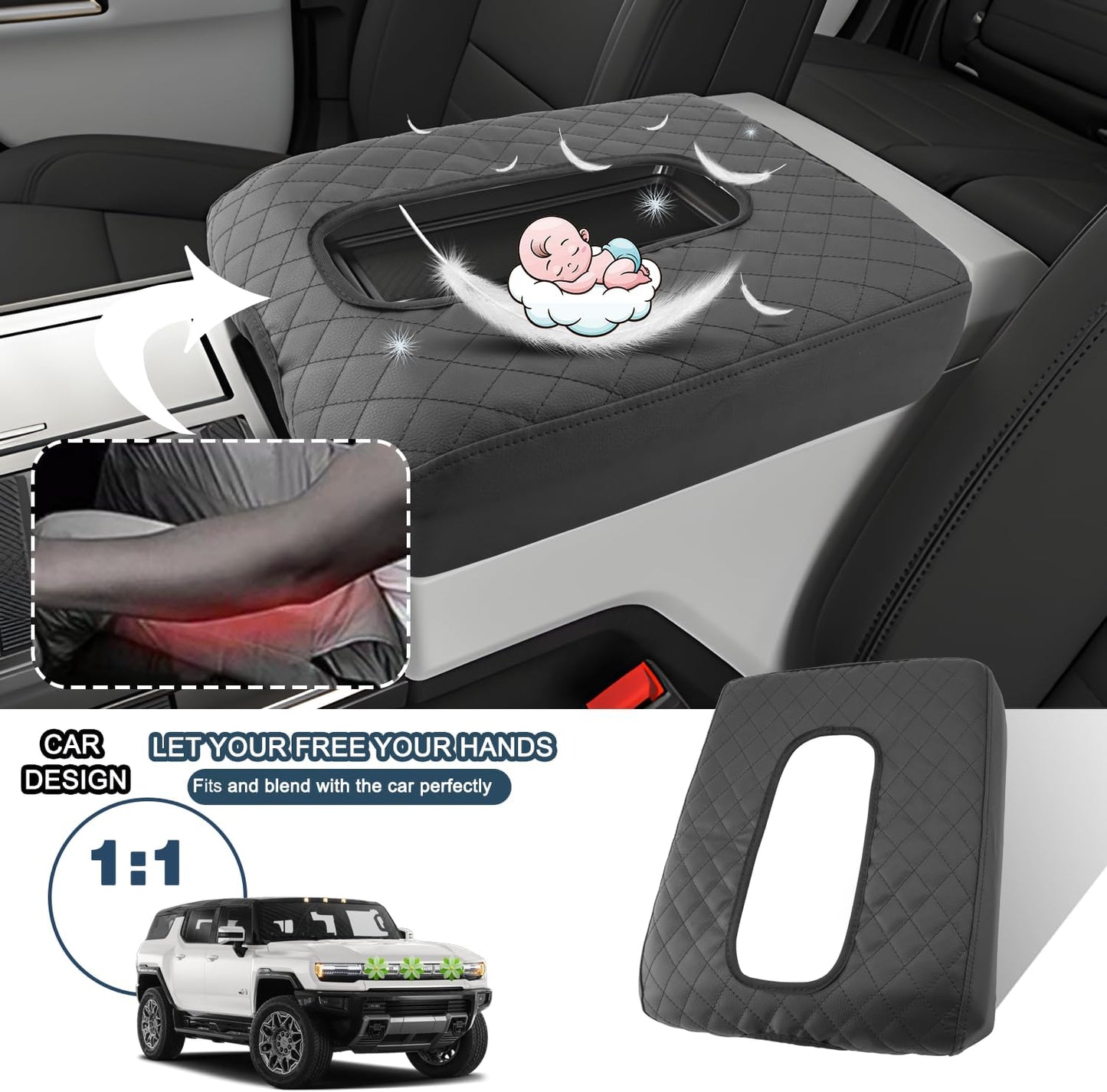 Ruiya Hummer EV Armrest Cover,for Hummer EV Accessories Center Console Cover Soft Comfy Thicken Armrest Lid Cover Compatible with 2022 2023 2024 2025 2026 Hummer EV Pickup/SUV