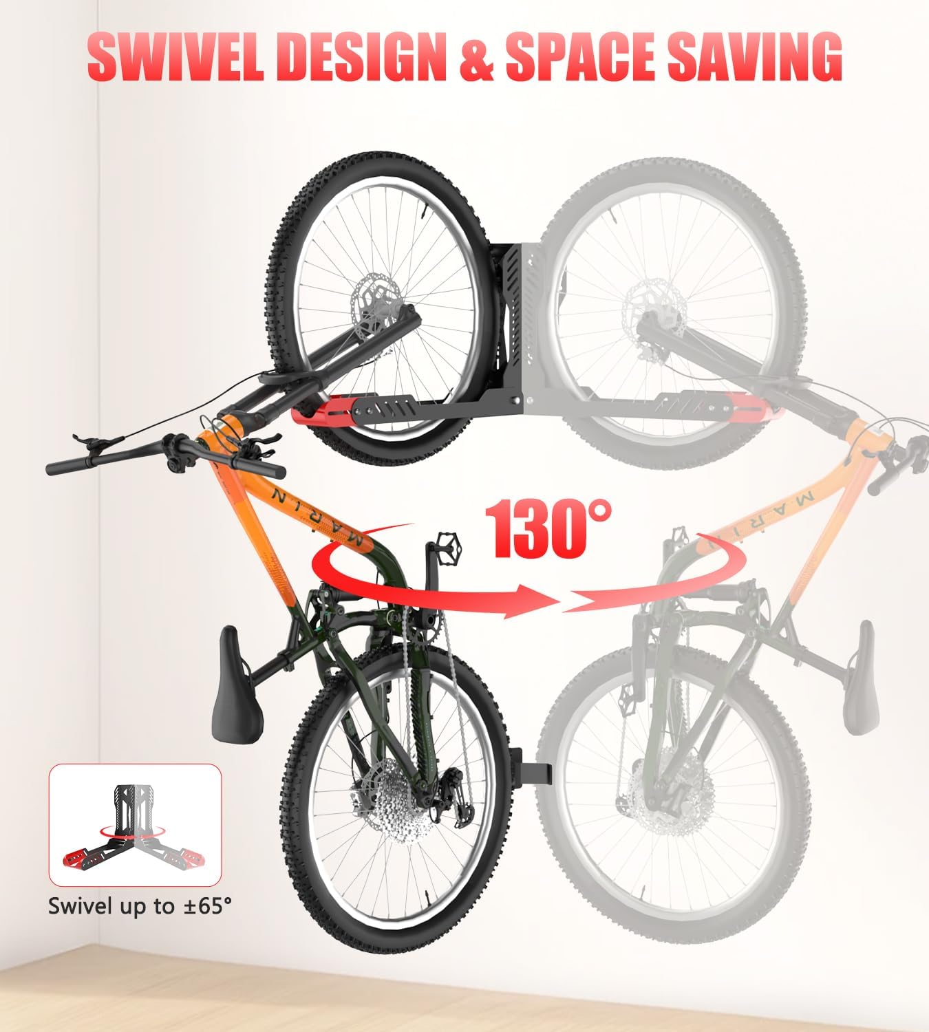 Swivel Bike Wall Mount, Space Saving Bike Rack Garage, No Heavy Lifting Required Bicycle Wall Mount, Vertical Wall Bike Hanger Can Holds up to 77 lbs, Red