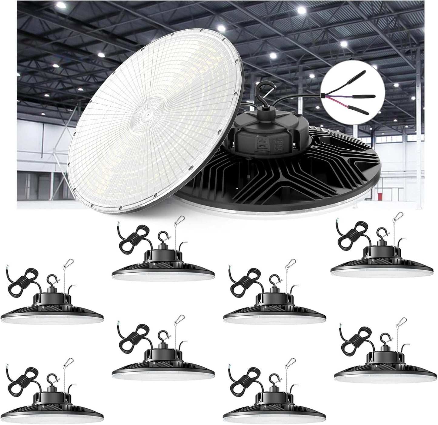 UFO LED High Bay Light, 240W/200W/150W Adjustable, UL & DLC Listed 5000K/4000K/3000K Adjustable, 33600LM 0-10V Dimmable IP65 Waterproof High Bay Lights AC100-277V for Warehouse Factory(9 Pack)