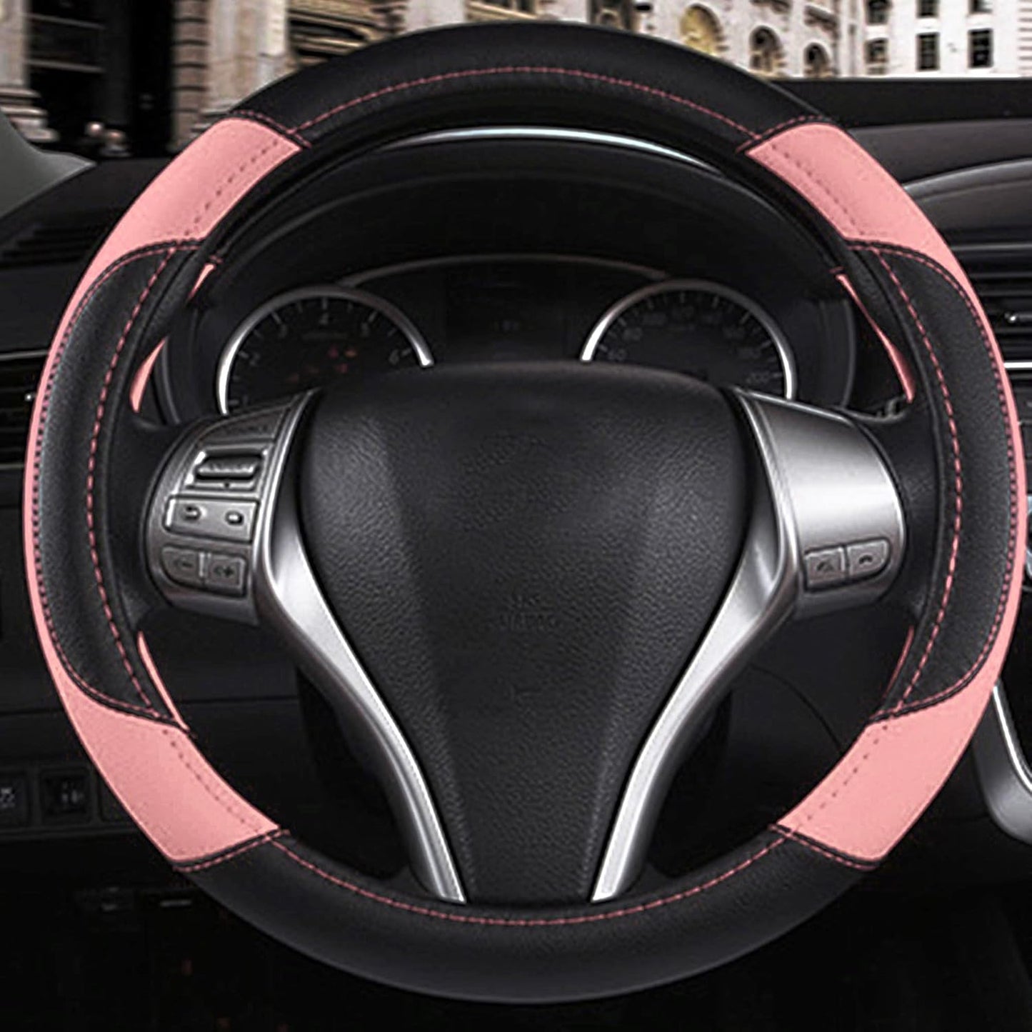Leather Car Steering Wheel Cover, Non-Slip Car Wheel Cover Protector Breathable Microfiber Leather Universal Fit for Most Cars(Pink)