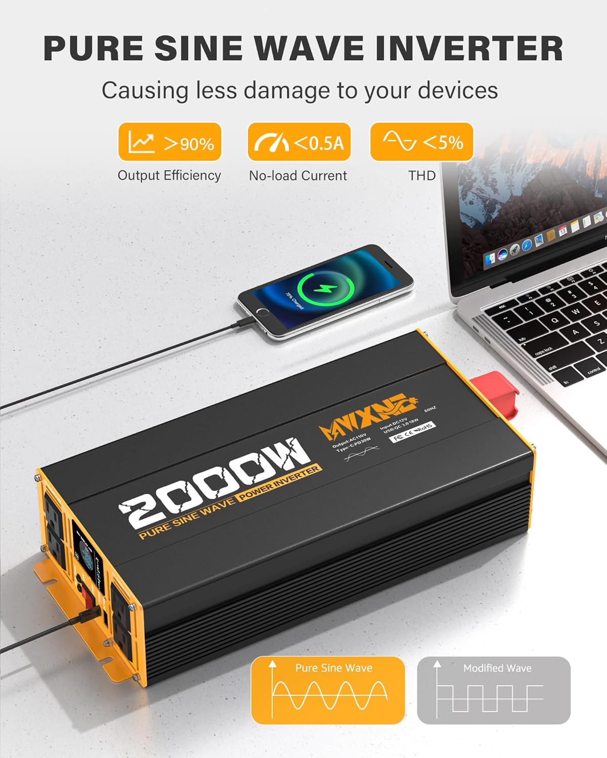 2000W Pure Sine Wave Inverter 12V DC to 110V 120V AC Car Converter for RV Truck Off-Grid Solar Power Inverter with 4 AC Outlets, USB/Type-C Fast Charging Ports, LCD Display, Remote Control