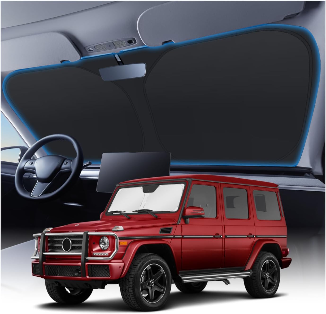 KUST Windshield Sun Shade Custom Fit for 1990-2018 Mercedes G W463 G550 G55 G63 G65 Accessories(Not for 2019-2021 Mercedes Benz G Class)Car Windshield Sunshade Window Sun Visor Protector Foldable Bloc