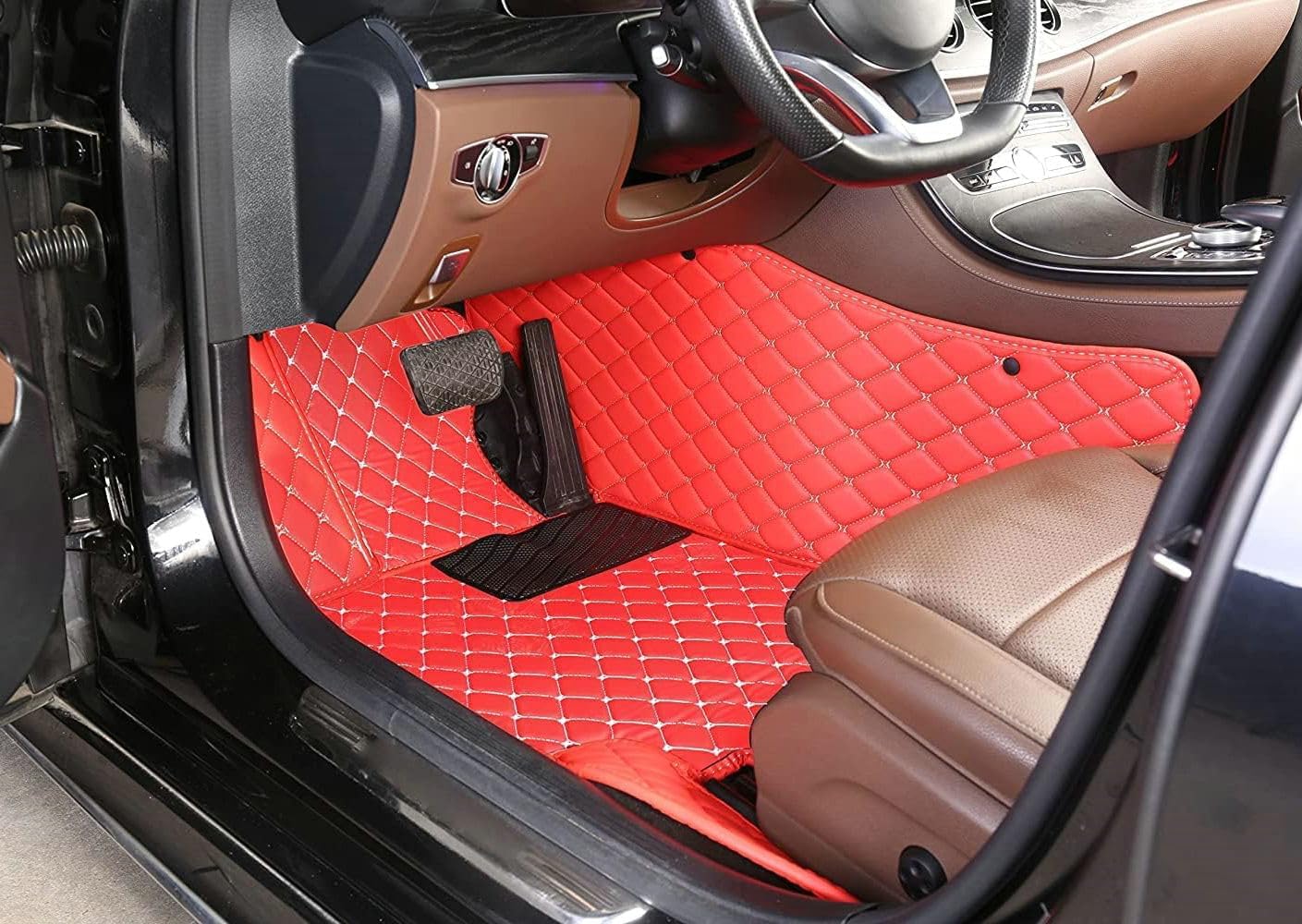 Custom Artificial Leather Waterproof All-Weather Car Floor Mats Fit for 99% Sedan SUV Sports Car Vehicle Car Mat (Red Black Stripe)