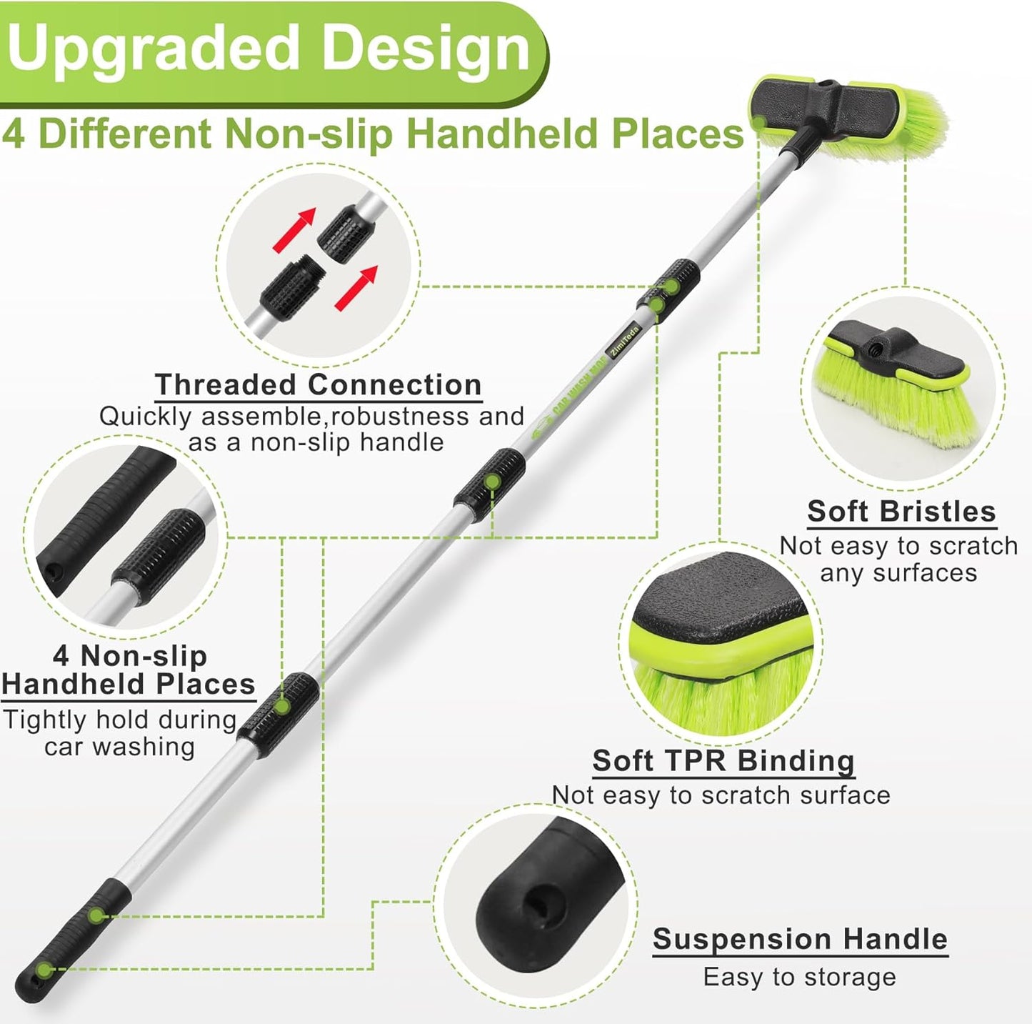 65”165cm Car Wash Brush Long Handle Soft Bristle Scrub Cleaning Mop with 4 Hand-held Places Extendable Washing Brushes Broom Kit for RV Boat Truck SUV Caravan Solar Panel House Siding,Sweep Snow