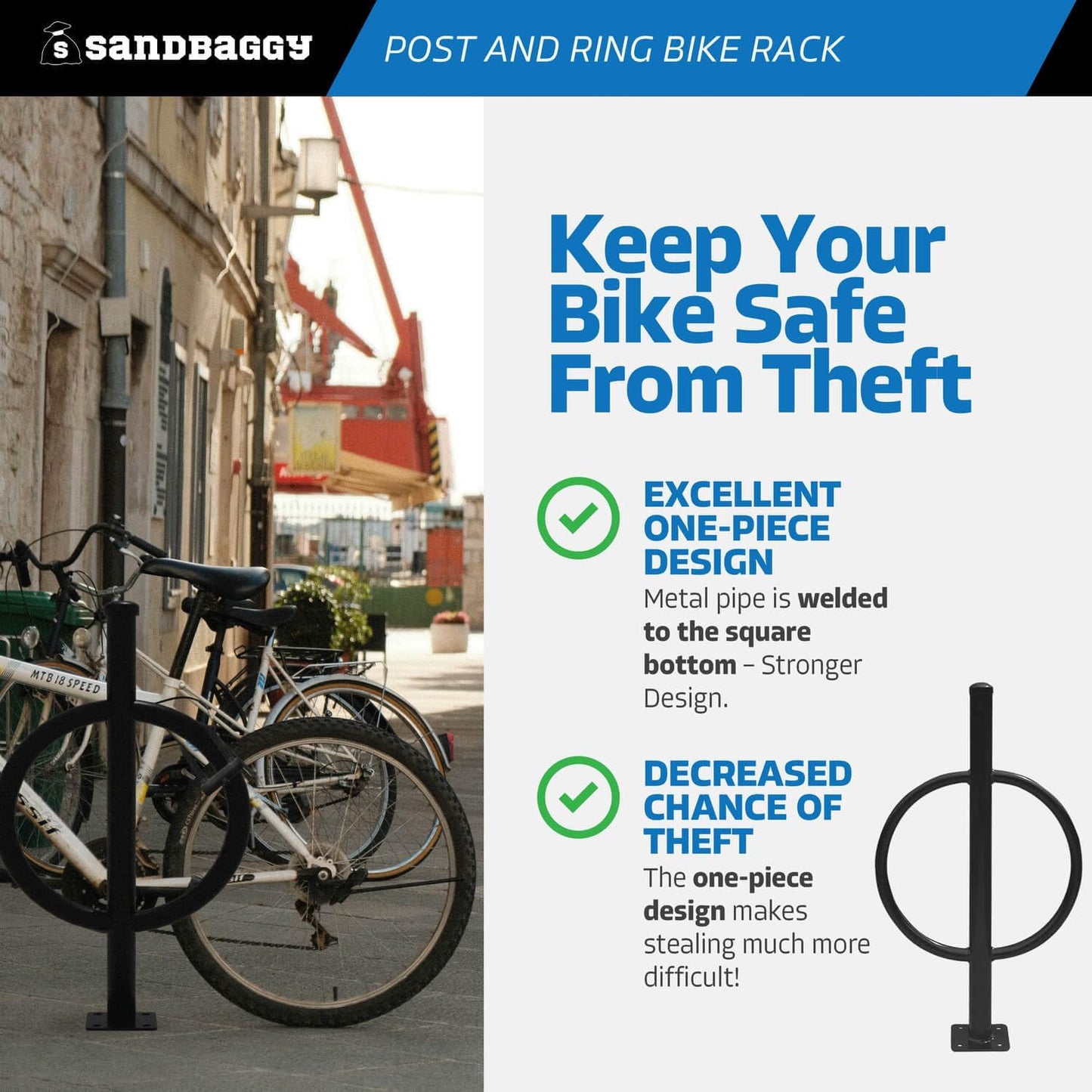 Sandbaggy Post and Ring Bike Rack - Commercial Bike Racks - Galvanized Steel - Anti-Theft Design - In Ground, Apartments, Sidewalks, Industrial (Blue, 2)