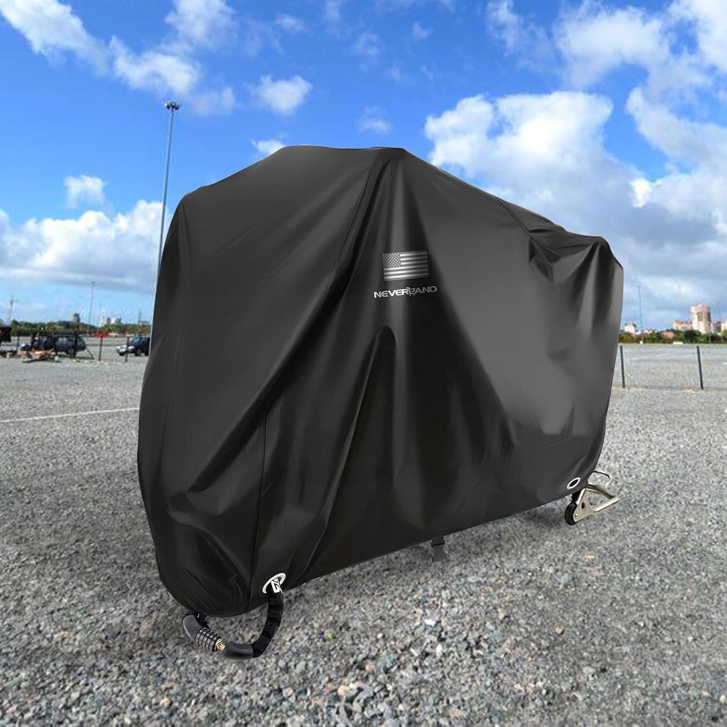 NEVERLAND Motorcycle Cover Waterproof Outdoor - Black Heavy Duty Scooter Cover, Motorbike Cover with Refletive Logo, Lock-Hole, Bandage, Storage Bag-Protect Against Dust, Debris, Rain and Weather(XXL)