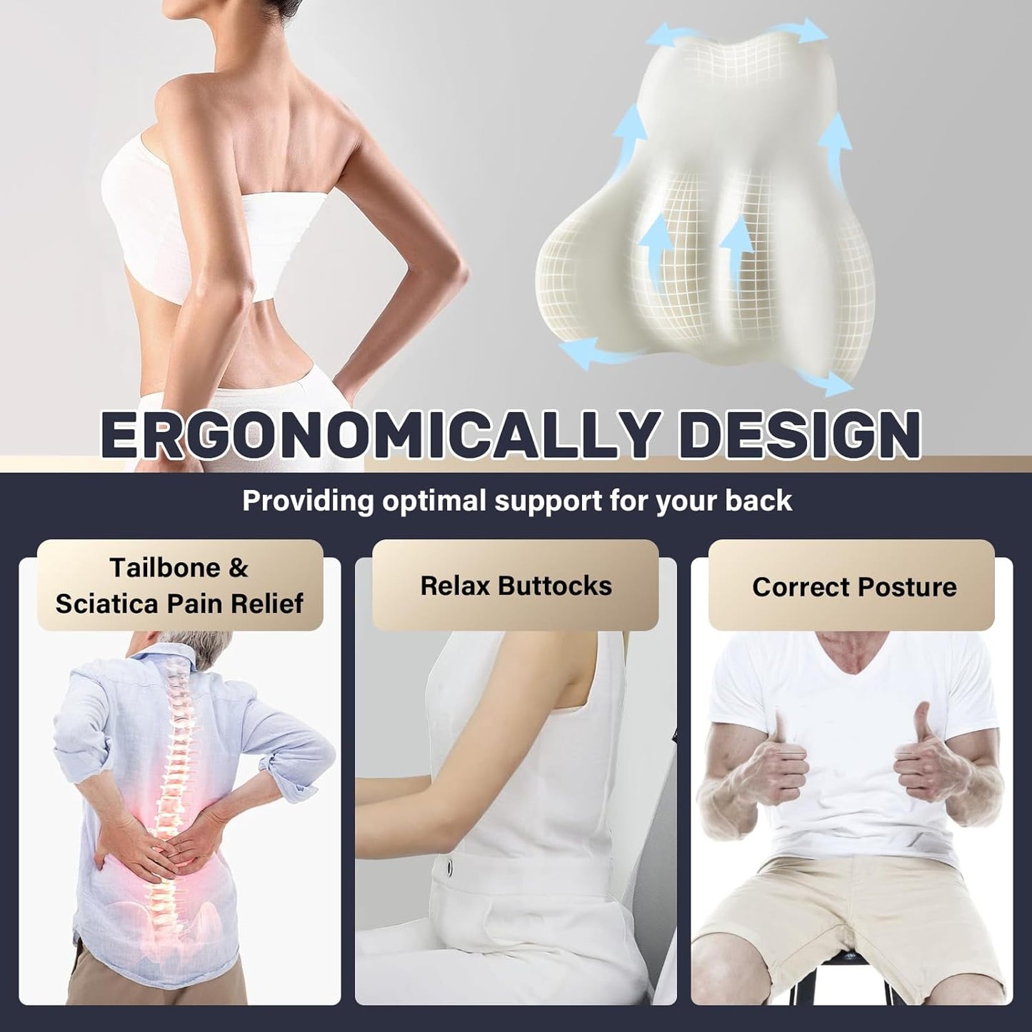 Coverado Lumbar Support Pillow for Car, Ergonomic Memory Foam Back Pillow for Office Chair, Back Cushion for Back Pain Relief, PU Leather Car Lumbar Support for Driving Seat - Black&Gray