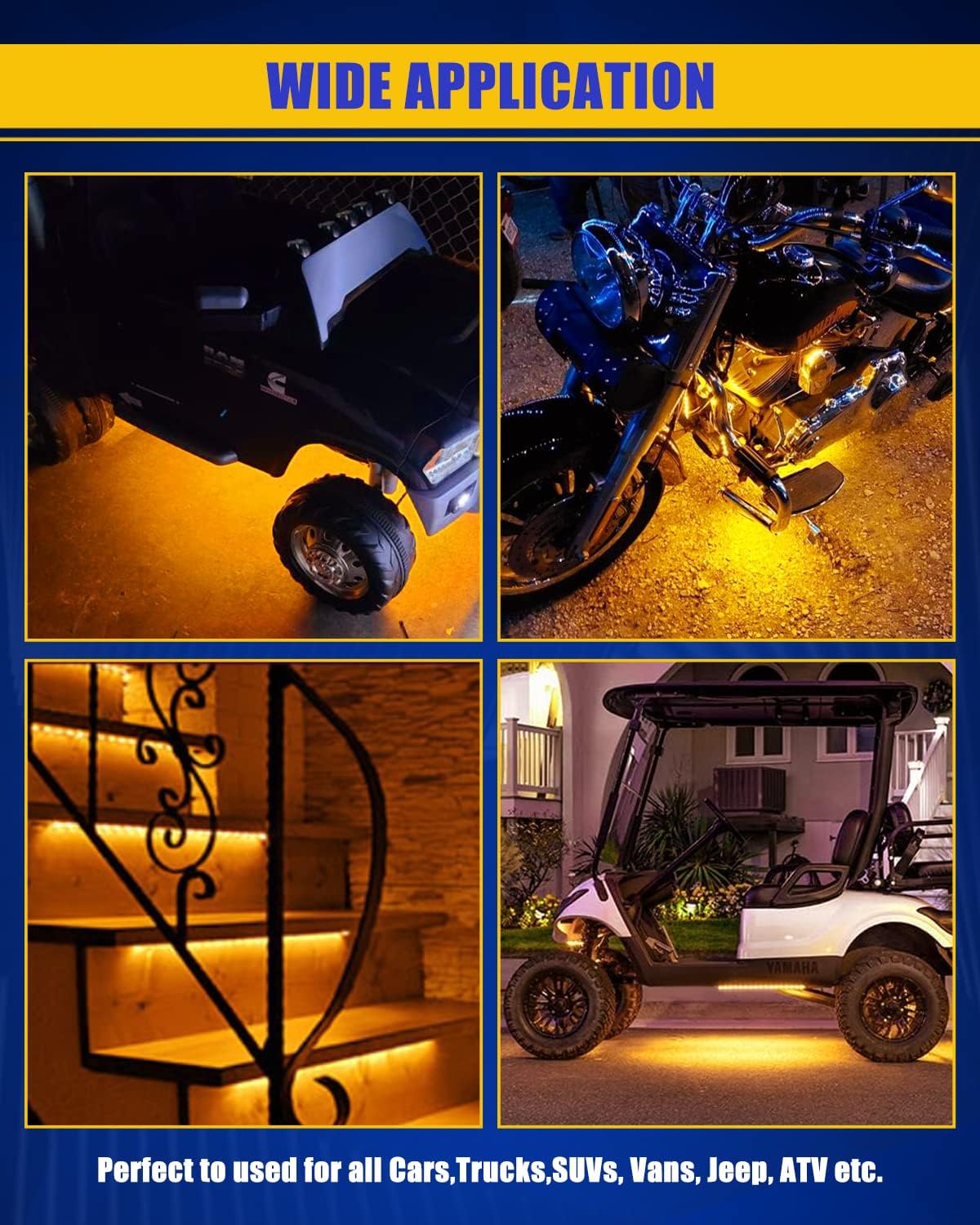Amber Led Strip Lights,24inch 12V Interior Light Strip IP68 Waterproof Cuttable for Car Motorcycles Boat Golf Cart Truck Cargo Home Decoration with Strong Nano Tape(4PCS)