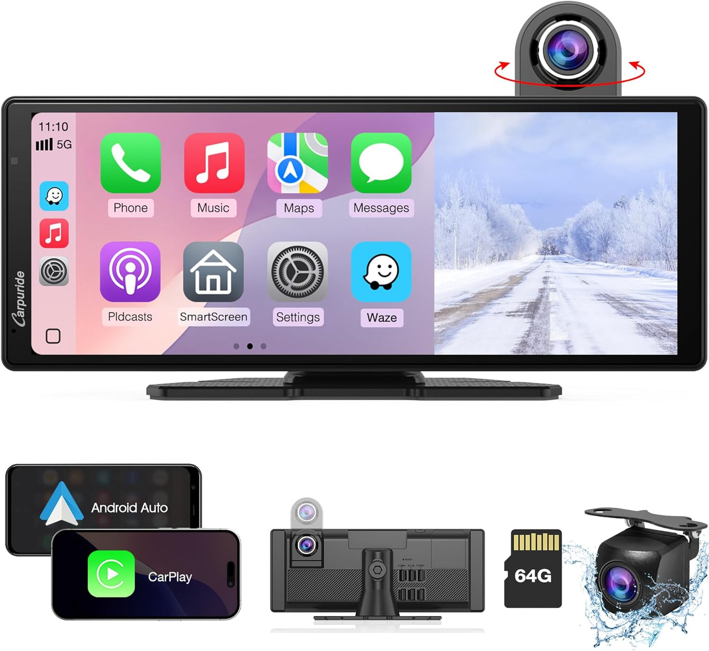 2025 Carpuride Wireless Carplay & Android Auto with Dash Cam - 10.26 Inch HD IPS Touch Car Play Screen for Car, 4K Front & 1080P Rear Camera, Loop Recording, Bluetooth Audio, Mirror Link, GPS, Siri