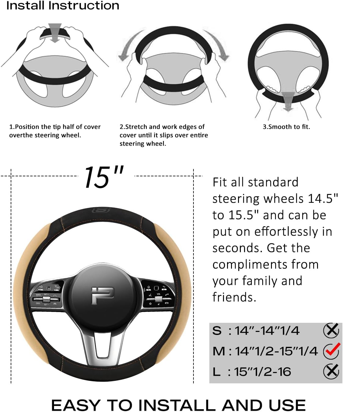 Skechers Steering Wheel Cover,Memory Foam Car Steering Wheel Cover,14.5-15inch Anti-Slip Safety Comfortable Desgin, Universal Accessory for Diverse Cars, Truck,SUV (Black & Beige)