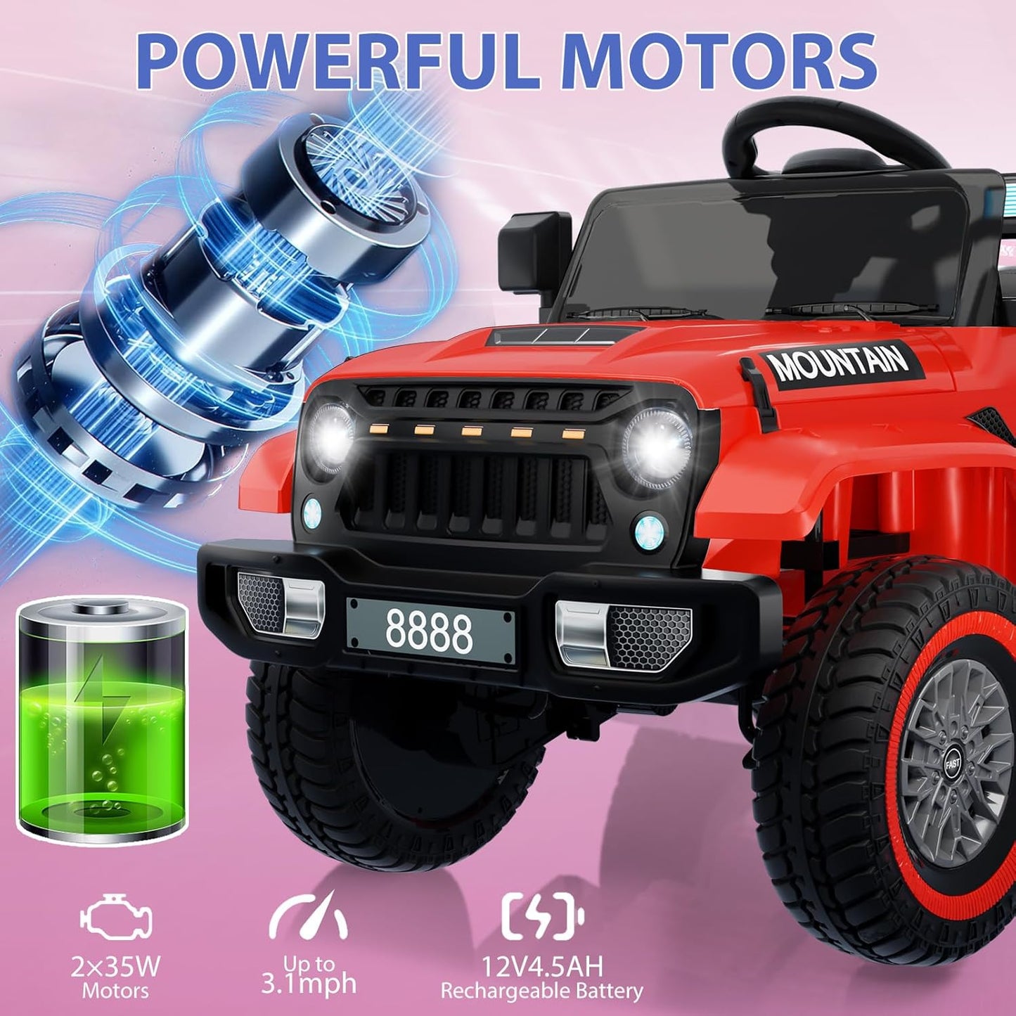 12V Kids Ride On Truck Car, Battery Powered Electric Vehicles with Remote Control, Spring Suspensions, 3 Speeds, LED Lights, Music, MP3, Ride On Toy Car for Children Toddles Boys Girls, Red