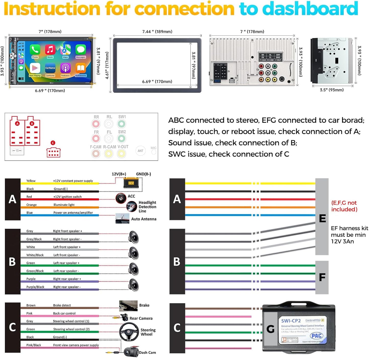 PLZ 7" Wireless Double Din Car Stereo Apple Carplay Radio Screen for Car Audio Receivers, Bluetooth 5.3 Car Play Android Auto Touchscreen, 240W 4.2 CHN 2 Subwoofers Outputs, Backup Camera, SWC, FM/AM