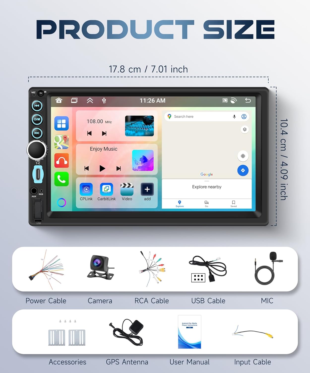 4GB+64GB Double DIN Car Stereo 8 CORE Android 13.0 Head Unit, Wireless CarPlay & Android Auto, 7-Inch Touch Screen Car Radio with BT5.0 EQ Mirror Link Volume Knob Back Light SWC Backup Camera USB-C