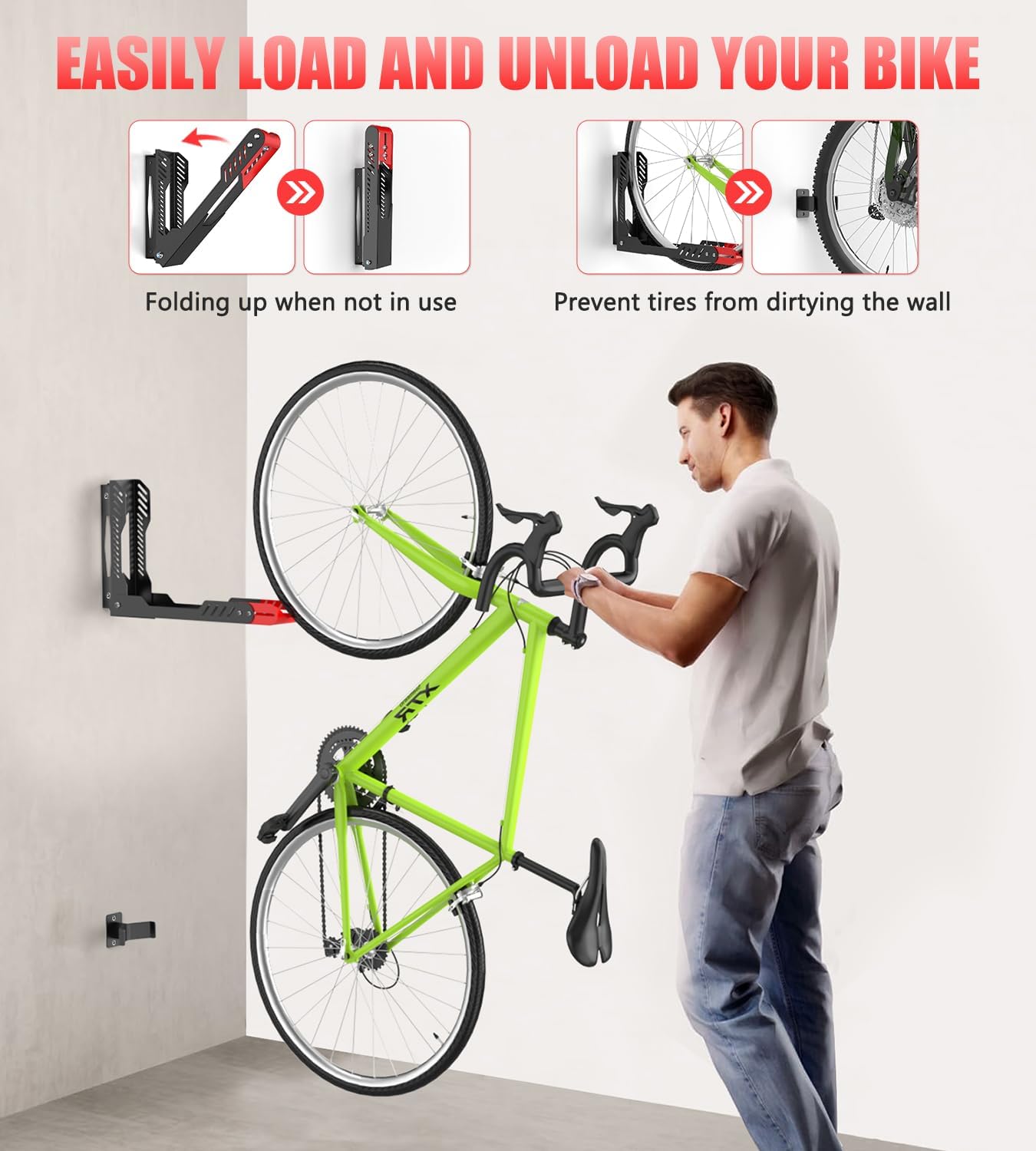 Swivel Bike Wall Mount, Space Saving Bike Rack Garage, No Heavy Lifting Required Bicycle Wall Mount, Vertical Wall Bike Hanger Can Holds up to 77 lbs, Red