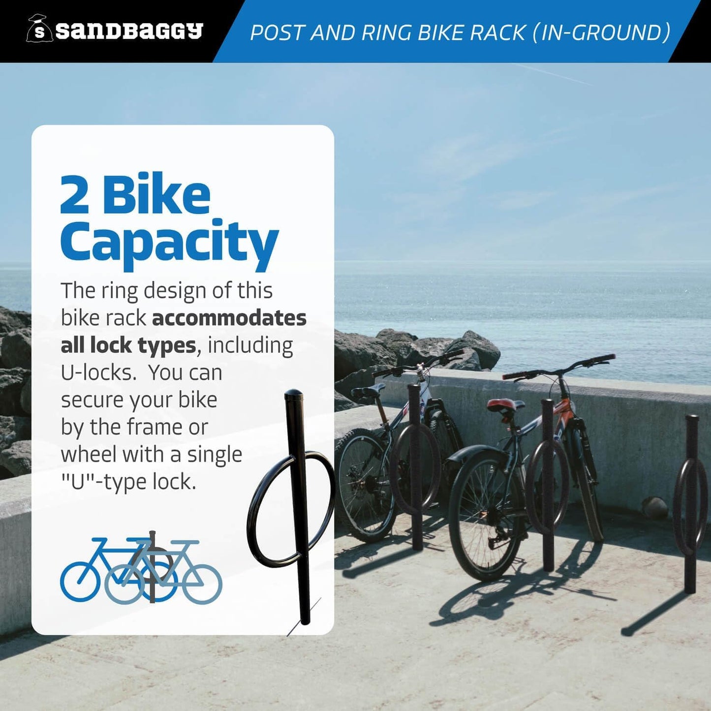 Sandbaggy Post and Ring Rack - In Ground - Commercial Outdoor Bike Parking & Storage Racks (Blue, 10)
