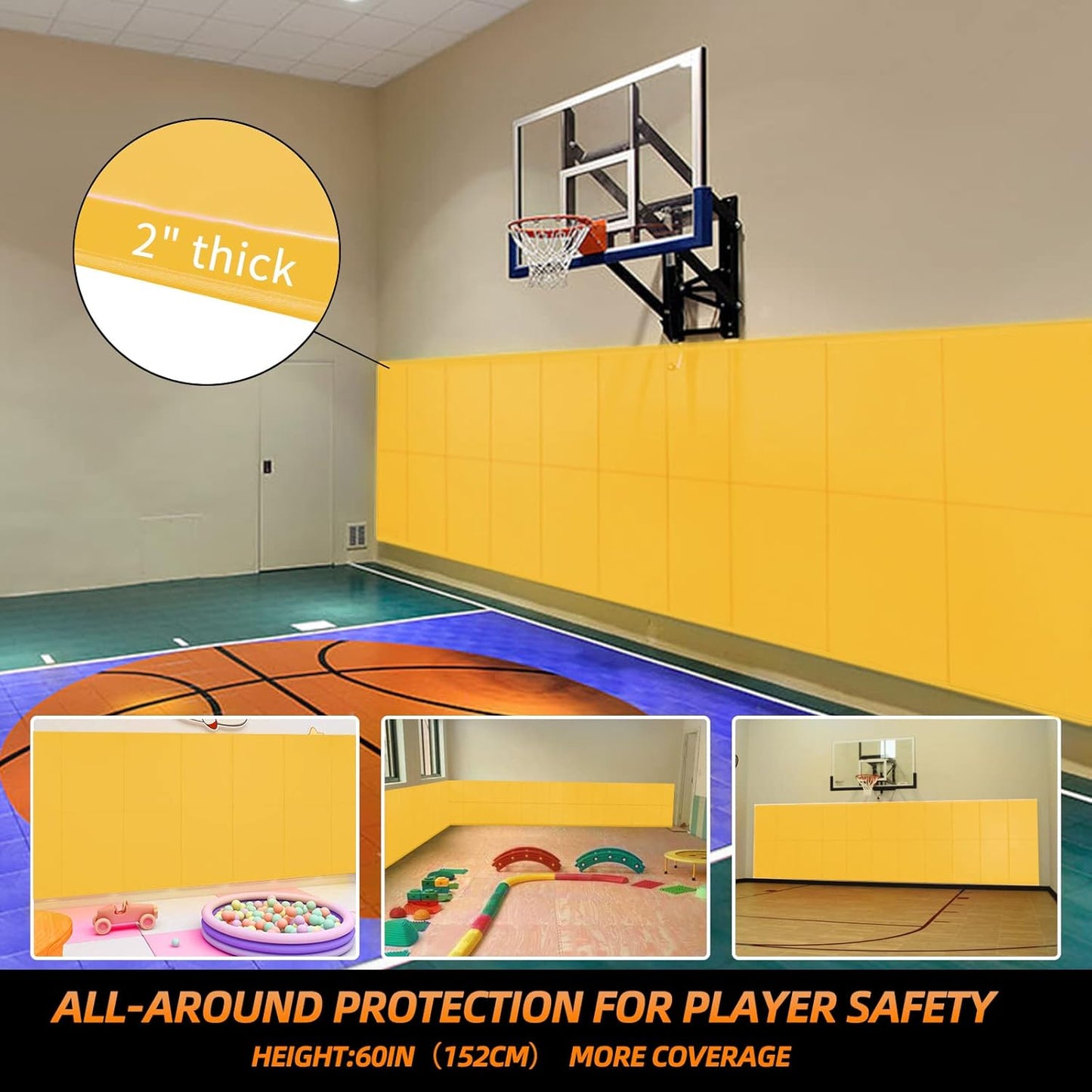 PROGOAL 2"/4" Thick Foam Protection Wall Pad，Gym Basketball-Court Protectors，Durable Waterproof Padding for Wall-Mounted Basketball Hoops(60" L x 20" W)…