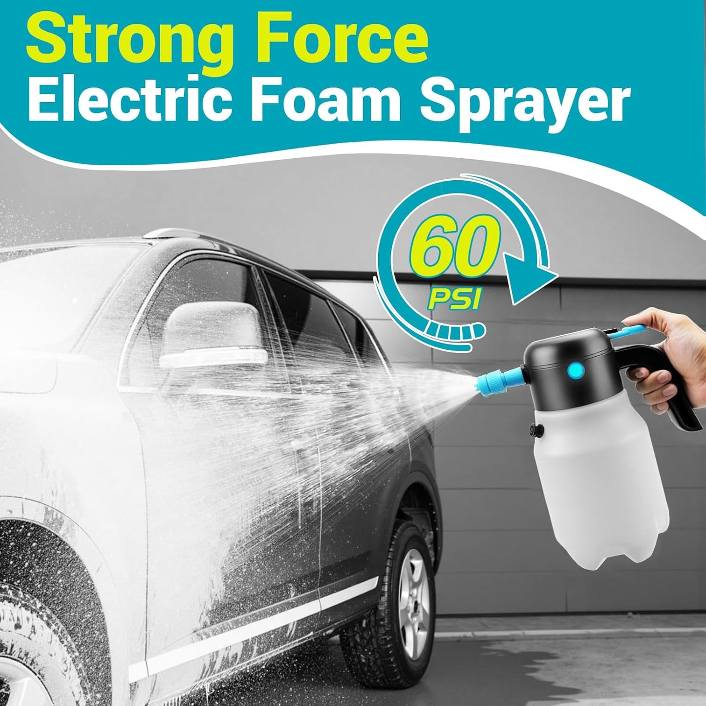 Electric Foam Sprayer Car Wash, 60PSI Foam Sprayer Auto Pressurized with 2 Nozzles(Foam/Water Stream), Built-in 7.4V Pump, 2x2000mAh Battery, for Car Wash, Window Cleaning, Garden&Home Use-68oz/2L