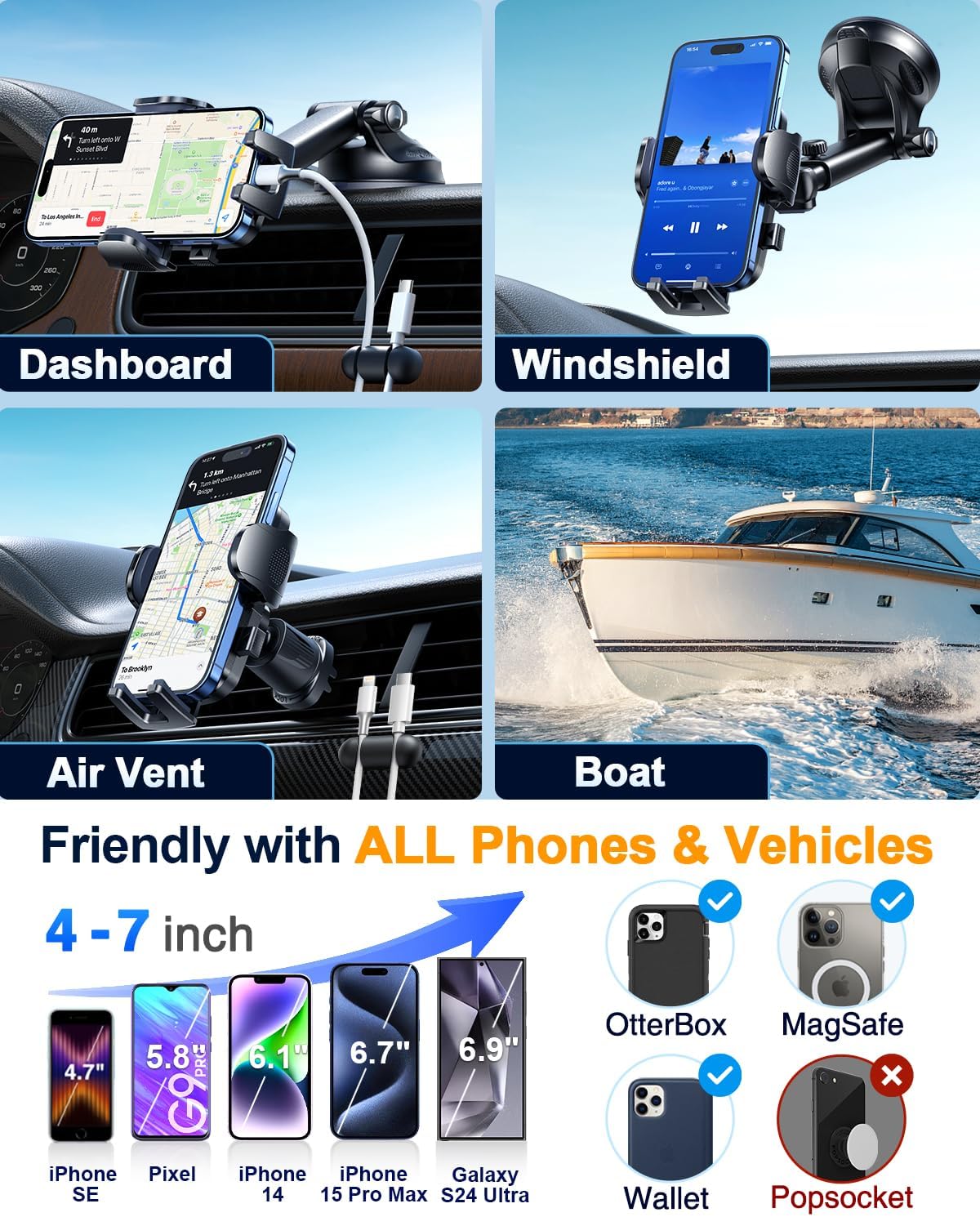 [True Military-Grade & 360 Degrees Rotatable Suction] 2025 YRU Ultimate Car Phone Holder Mount 【90+LBS Safest Strongest & Patent Certs】Dashboard Windshield Vent for iPhone 16 15 Pro Max Samsung, Black