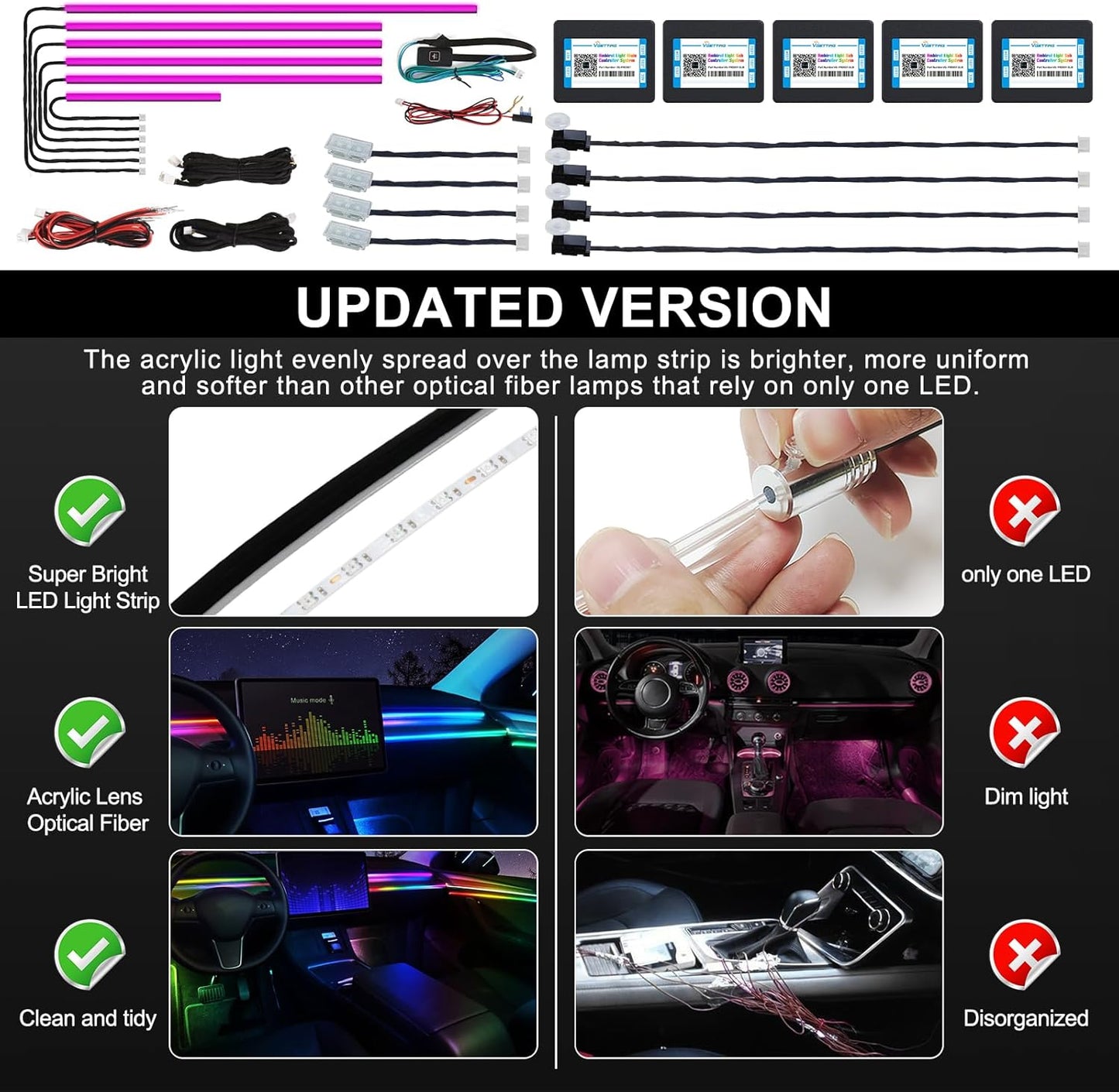 Acrylic Interior Car LED Strip Light with Wireless APP, RGB 14 in 1 with 175 inches 600 LEDs Fiber Optic Car Ambient Lighting Kits, 16 Million Colors Sound Active Function LED Strip for Car