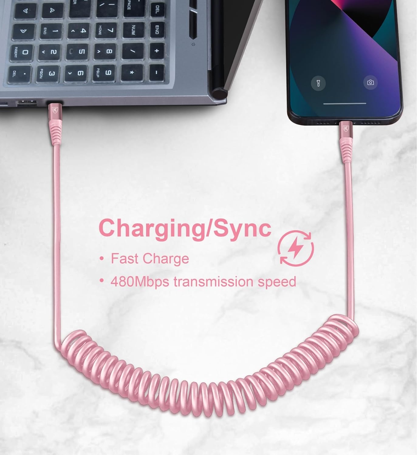 KIYODA USB C to Lightning Cable 3FTfor Car, Coiled iPhone Charger Fast Charging Short USBC Lightning iPhone Cord for iPhone14/13/12/11 Pro Max/iPad/CarPlay- 2Pack Pink