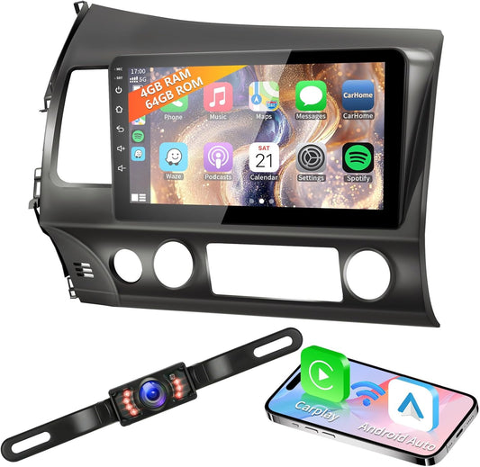 4G+64G Android 13 Car Radio for Honda Civic 2006-2011 with Wireless Carplay Android Auto GPS Navigation 10.1 Inch IPS Touch Screen Head Unit, Support Steering Wheel Control, Mirrorlink, Backup Camera