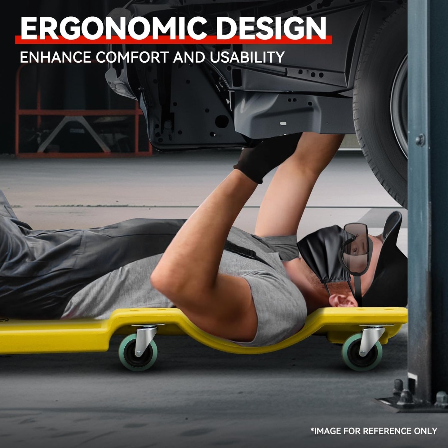 Auto Dynasty 40 Inches Mechanic Creeper, Automotive Garage Repair Low Profile Under Car Rolling Creeper with Padded Headrest, Plastic, Yellow