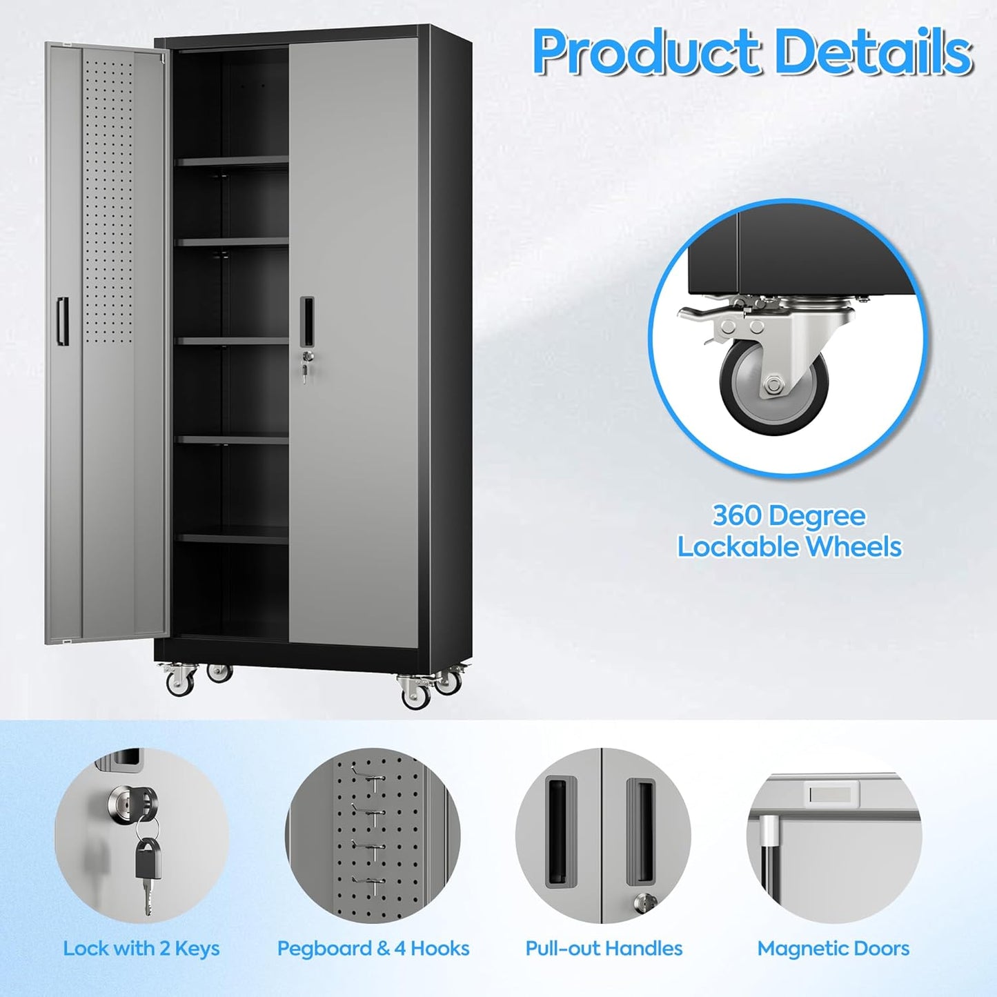 71" H×32" W×16" D Garage Storage Cabinet with Wheels & Pegboard, Locking Metal Storage Cabinet with Doors and 5 Adjustable Shelves & & 4 Hooks for Garage Warehouse Home Office, Black and Gray