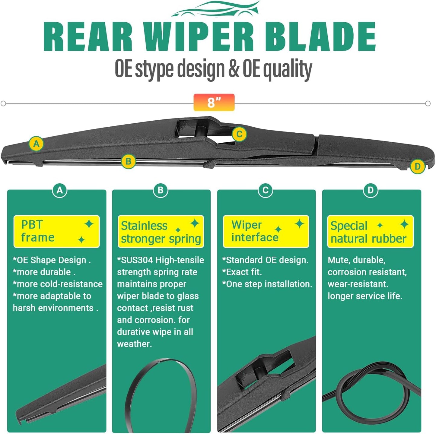 26" 14" 8" Windshield Wiper Blades Replacement for Scion xD 2008 2009 2010 2011 2012 2013 2014 Premium All Weather Front Rear Wipers Set - OEM Quality (Pack of 3)