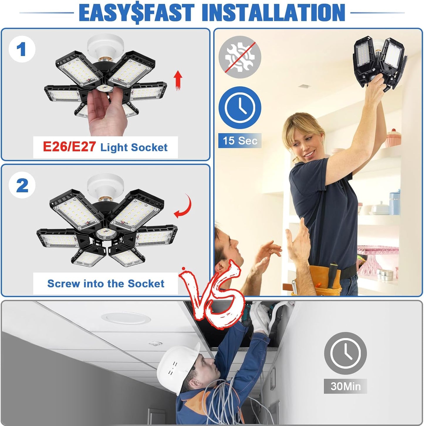 LED Garage Lights 4 Pack -180W, 18000LM 6500K Led Shop Light with 6+1 Deformable Panels, Basement Barn Light Garage Ceiling Lights, E26/E27 for Garages, Warehouse, Shop