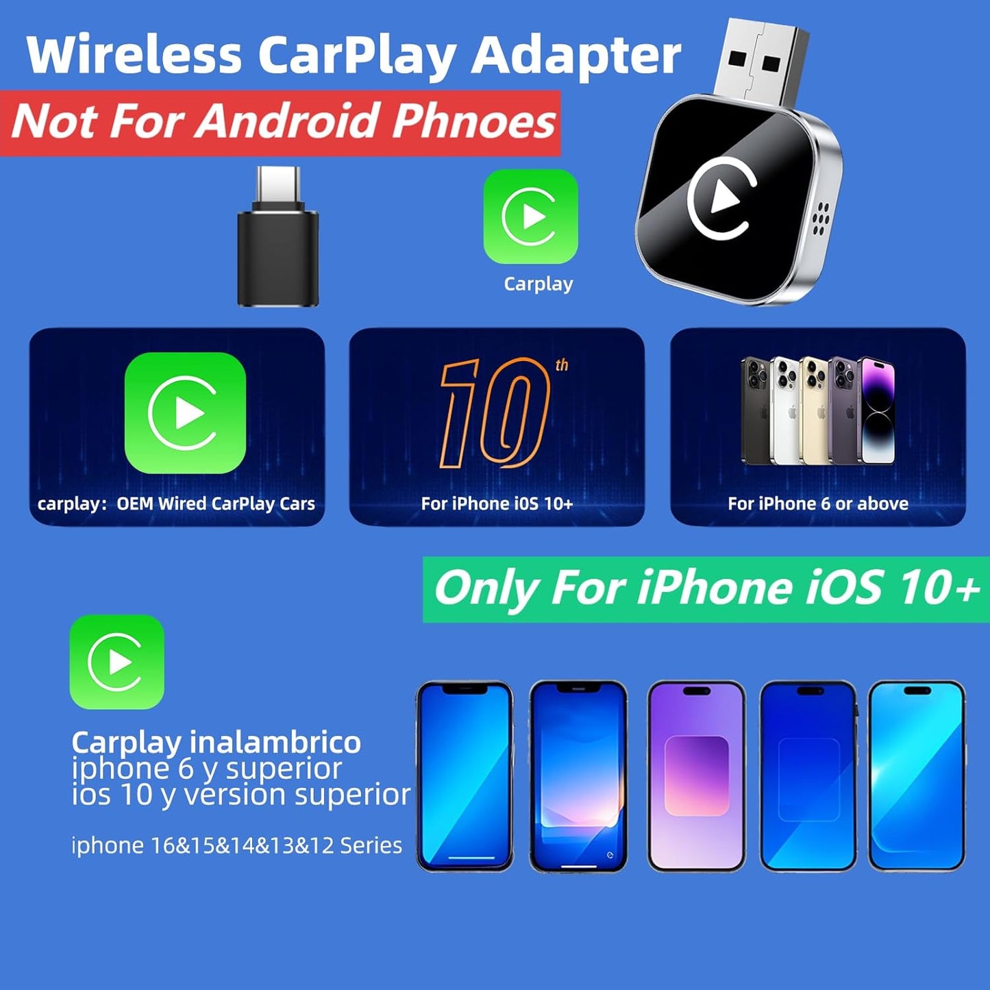 Wireless CarPlay Adapter for iPhone, Convert Wired to Wireless CarPlay Adapter, Mini Size with Extension Cable USB & USB-C/Type-C, Stable Car Control & No Delay