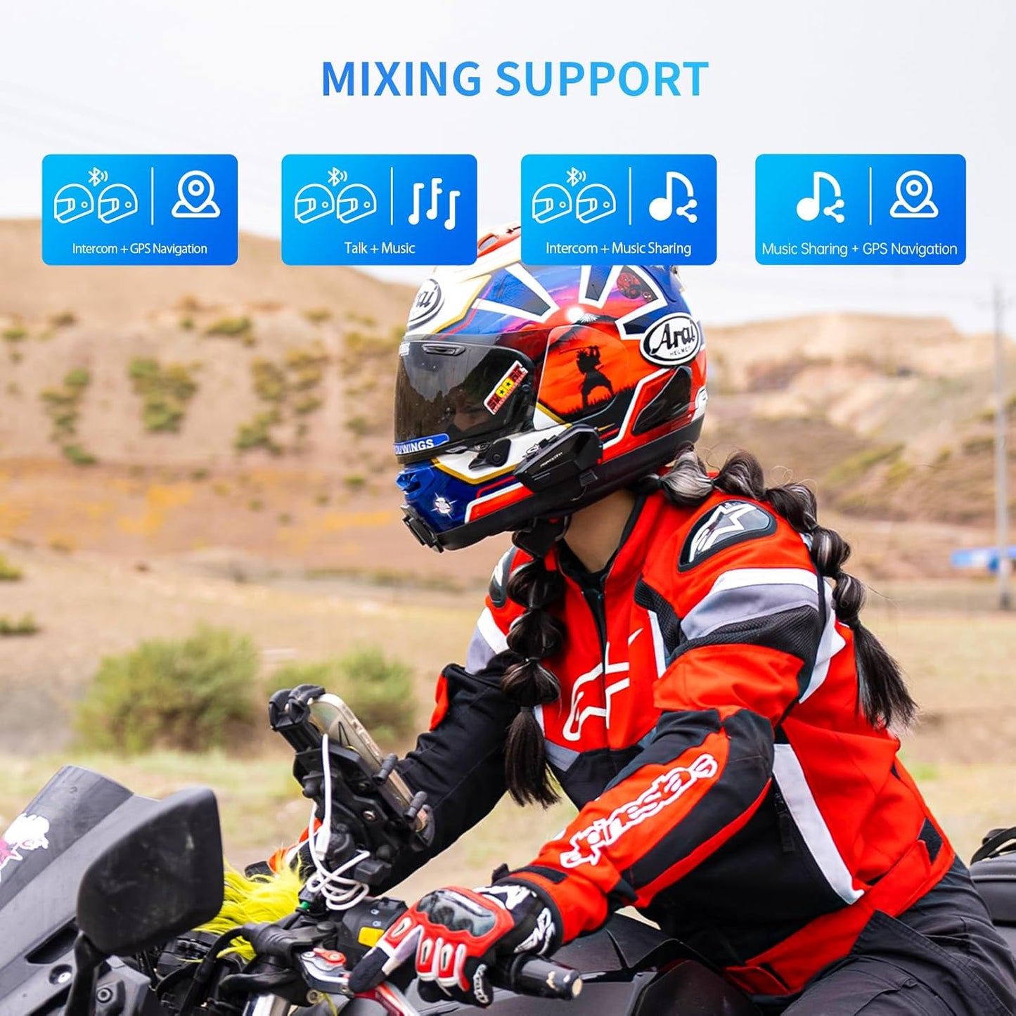 FreedConn FX Plus Motorcycle Helmet Bluetooth Headset, Auto-Join Mesh Network, 16 Riders Intercom Motorcycle Communication Systems with CVC and AI Noise Cancellation for Group Ride, 1 Pack