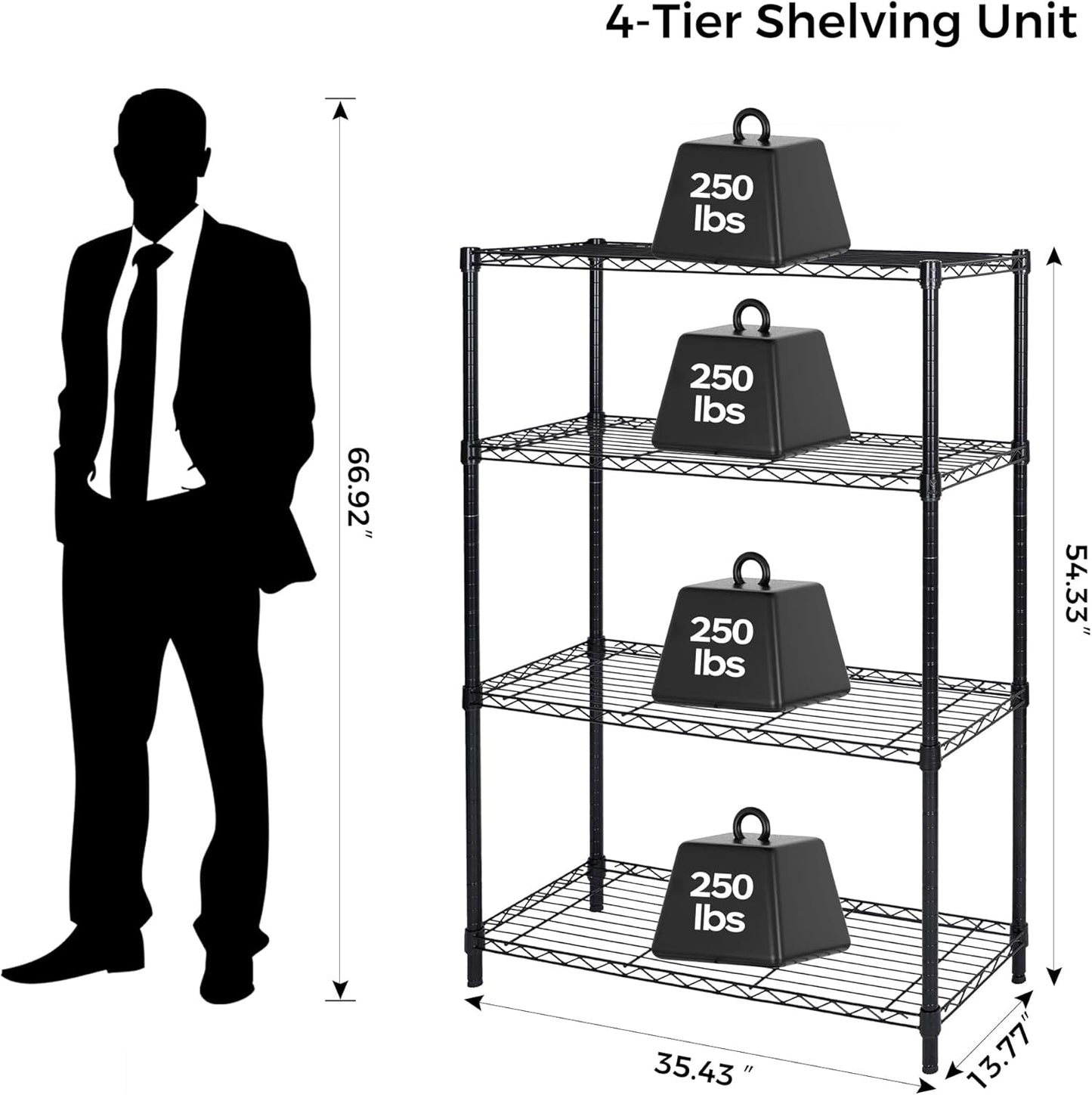 Homeiju 4 Tier Shelving Unit,Heavy-Duty Height Adjustable Storage Rack 1300 LBS Capacity with Adjustable Feet ,Metal Storage Shelves Wire Shelf for Kitchen Garage Laundry ,13.77"D x 35.43"W x 54.33"H