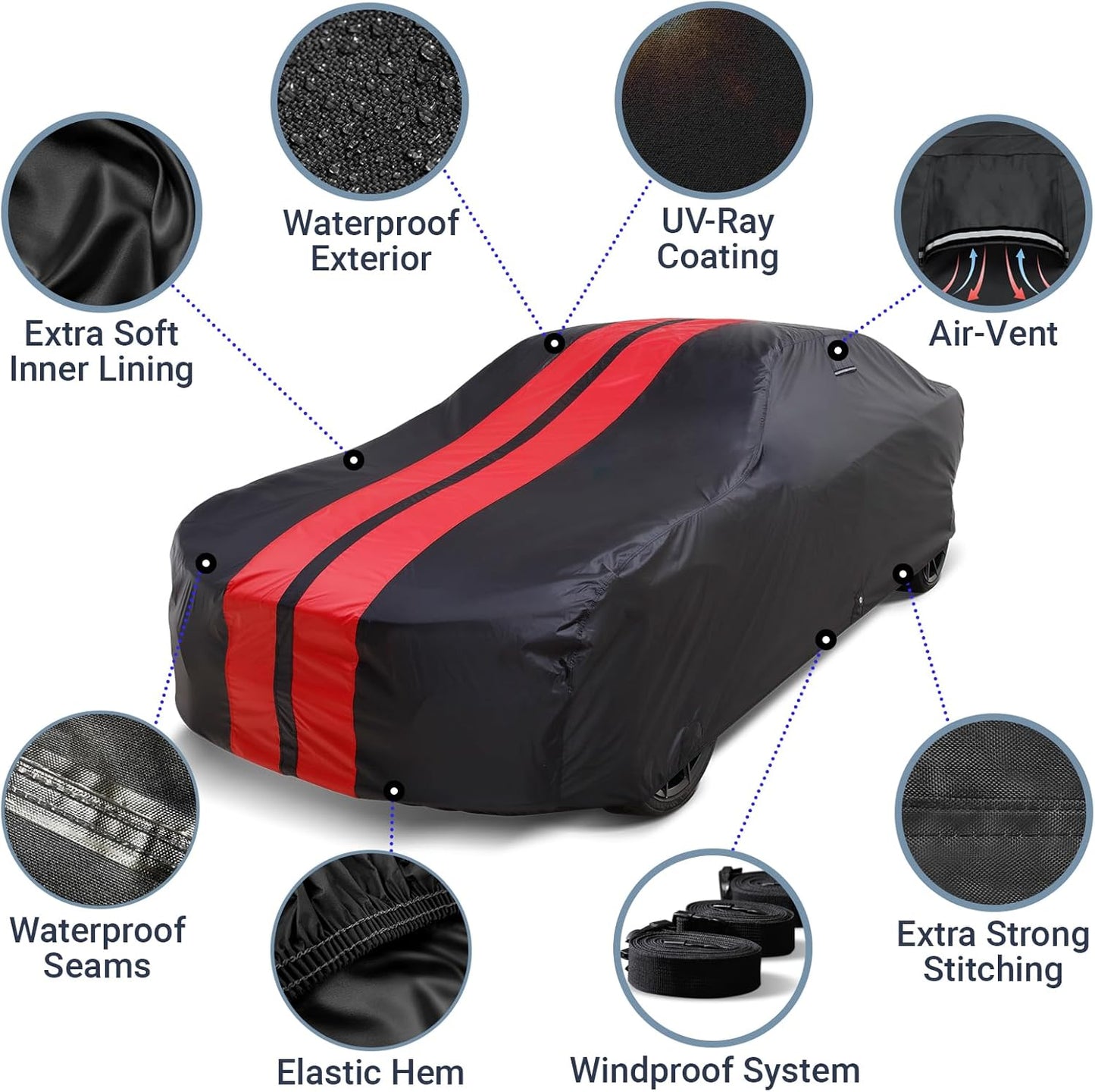 iCarCover Custom Car Cover for Buick Lesabre (1971-1976) Waterproof All-Weather Rain Snow UV Sun Protector Full Exterior Indoor Outdoor Car Cover (Stripe - Black/Red)