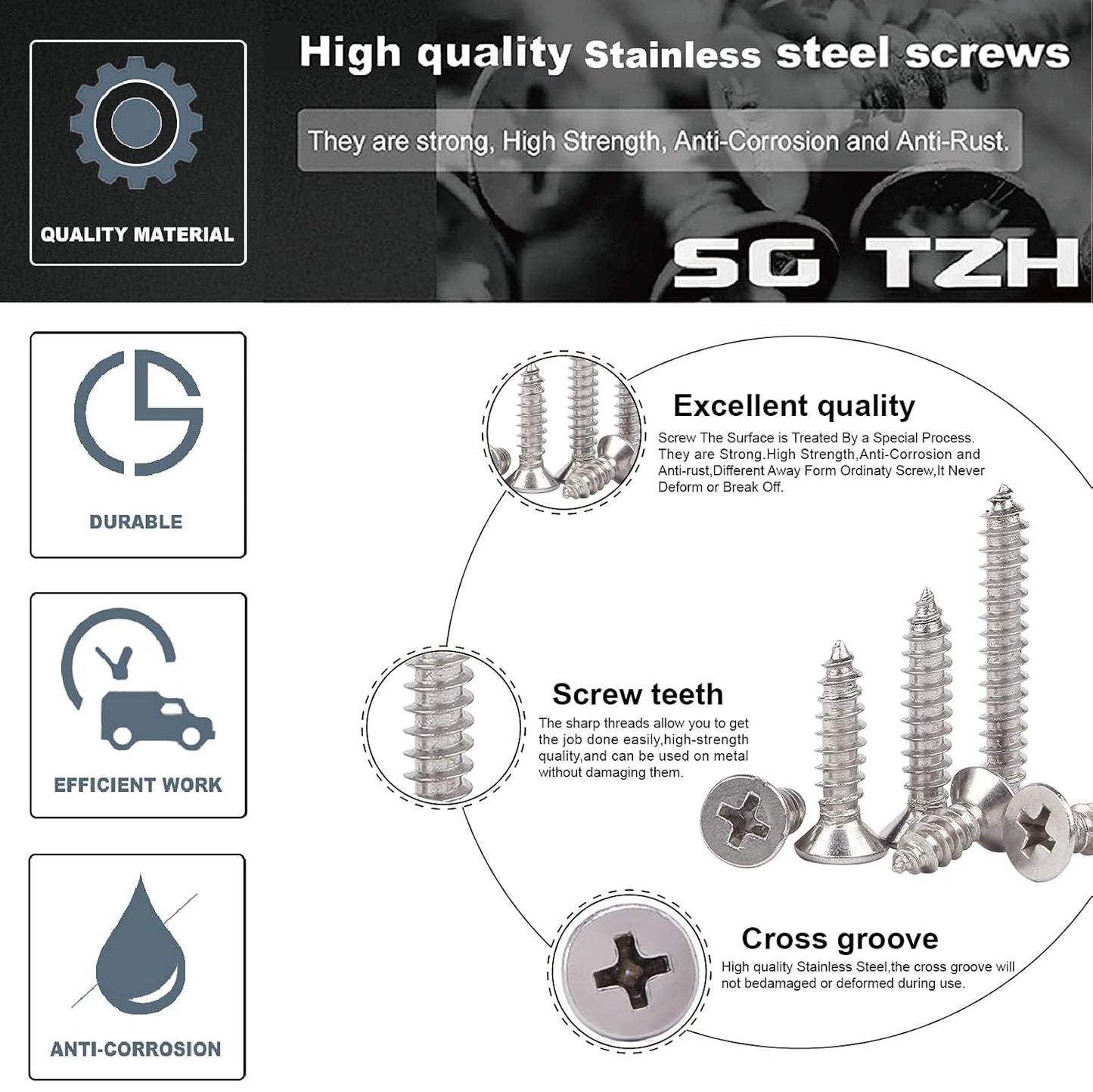 #8 x 1" Wood Screw 100Pcs 18-8 (304) Stainless Steel Screws Flat Head Phillips Fast Self Tapping Drywall Screws by SG TZH