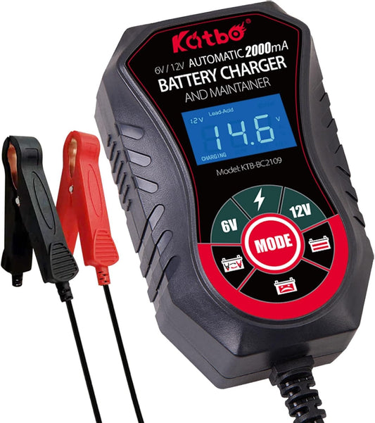 KATBO Battery Charger, 2Amp Battery Maintainer, car Battery Charger 6V 12V, trickle Charger for Car Battery, Motorcycles, Lawn Tractors, Marine AGM, Gel, SLA,Wet