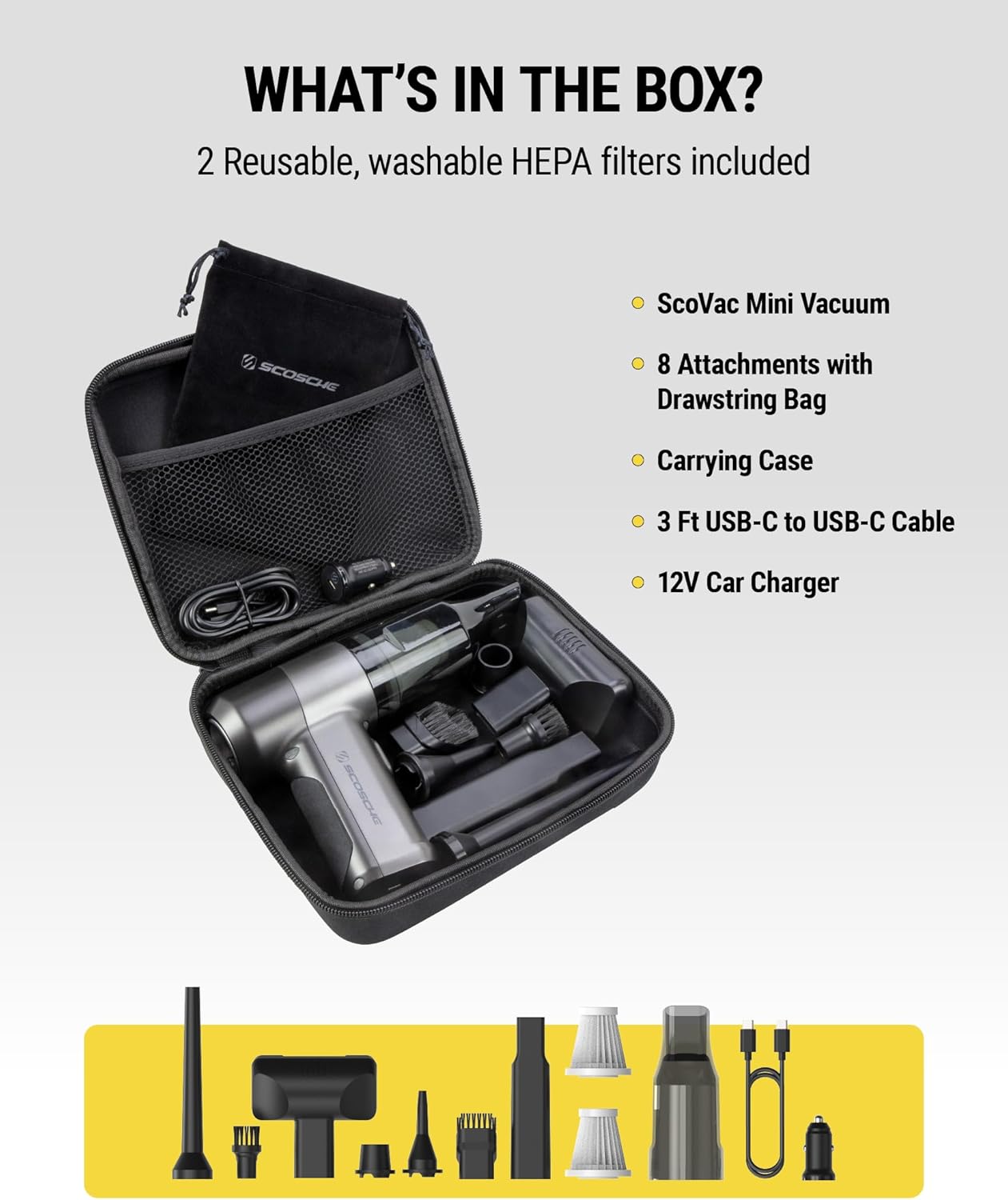 Scosche SCOVAC Cordless Handheld Vacuum Cleaner with Inflator, Deflator & Air Duster, 4-in-1 Small, High Power, Rechargeable and Portable Hand Held Vacuum for Car, Home, Office, Pet Hair