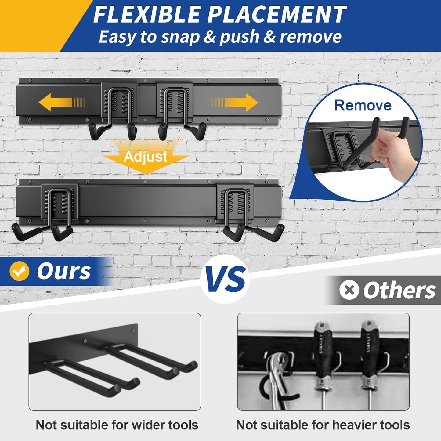 32 Inches Garage Storage, Garage Organization, Wall Mount Garden Tool Organizer, Max 300lbs Adjustable Metal Hooks, Yard Shed Hanging Rack, Heavy Duty Shelving for Rake Broom Mop Snowboard