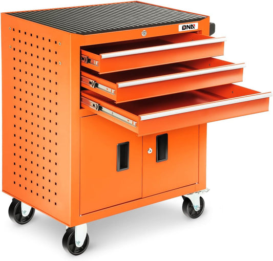 DNA MOTORING 3-Drawer Rolling Tools Chest, Rolling Tool Storage Cabinet, Heavy Duty Mechanic Tool Cart, Trolley Organizer for Garage, Warehouse, Workshop, Orange, TOOLS-00405