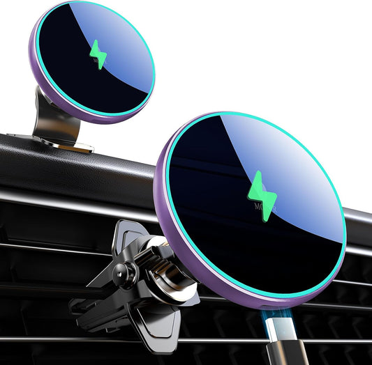 MOKPR for Magsafe Car Mount Charger-15W Wireless Car Charger-Magnetic Car Phone Holder for Dash Air Vent-LED RGB HandsFree Car Mount Fast Car Charger for iPhone 14/13/12 Series