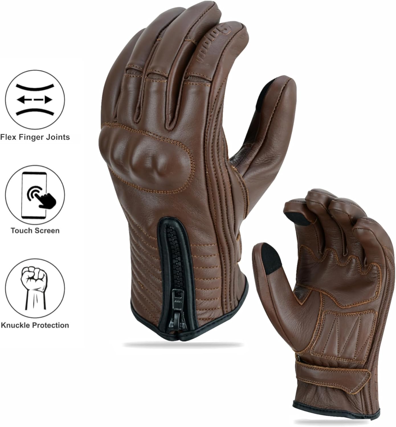 Full Finger Leather Motorcycle Gloves for Men & Women Touch Screen Gloves Premium Street Motorcycle Durable Protective Cruiser Biker Gel Leather Motorbike Gloves