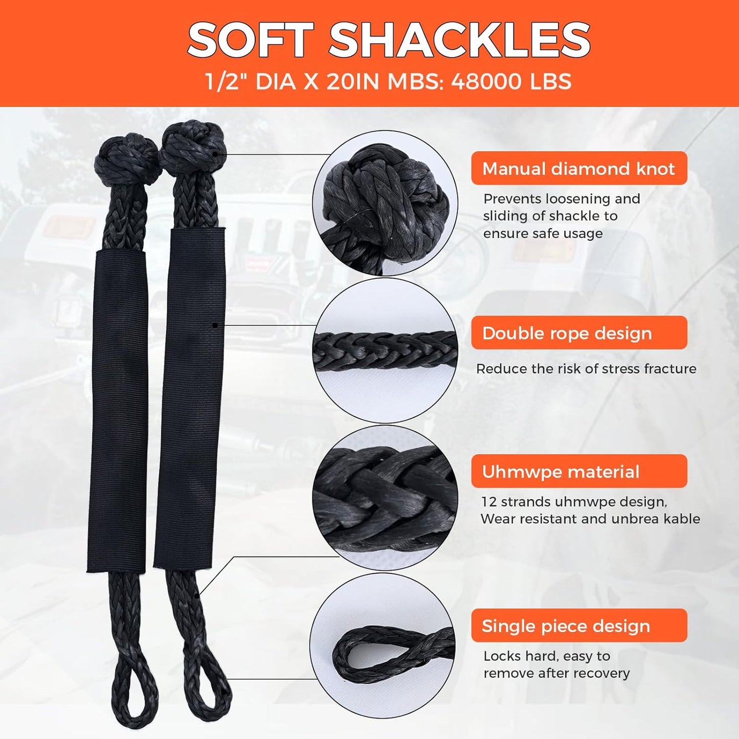 Kinetic Recovery Tow Rope, 48000LBS Snatch Strap with Soft Shackles, Extreme Duty 30% Elasticity Energy Offroad Towing Straps Kit for Car Jeep Trucks SUV UTV ATV Tractor - 1" x 20ft, Black