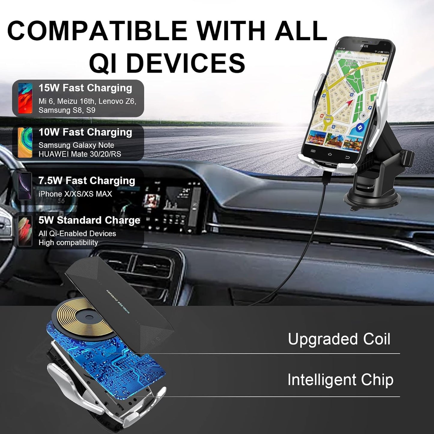 Car Phone Mount,Auto-Clamping Smart Sensor 10W Qi Fast Charging Car Front Windshield Dashboard Air Vent Phone Holder Compatible with iPhone12/12 pro max/Samsung S20/note 20 All 4.7-6.7 Inch Smartphone